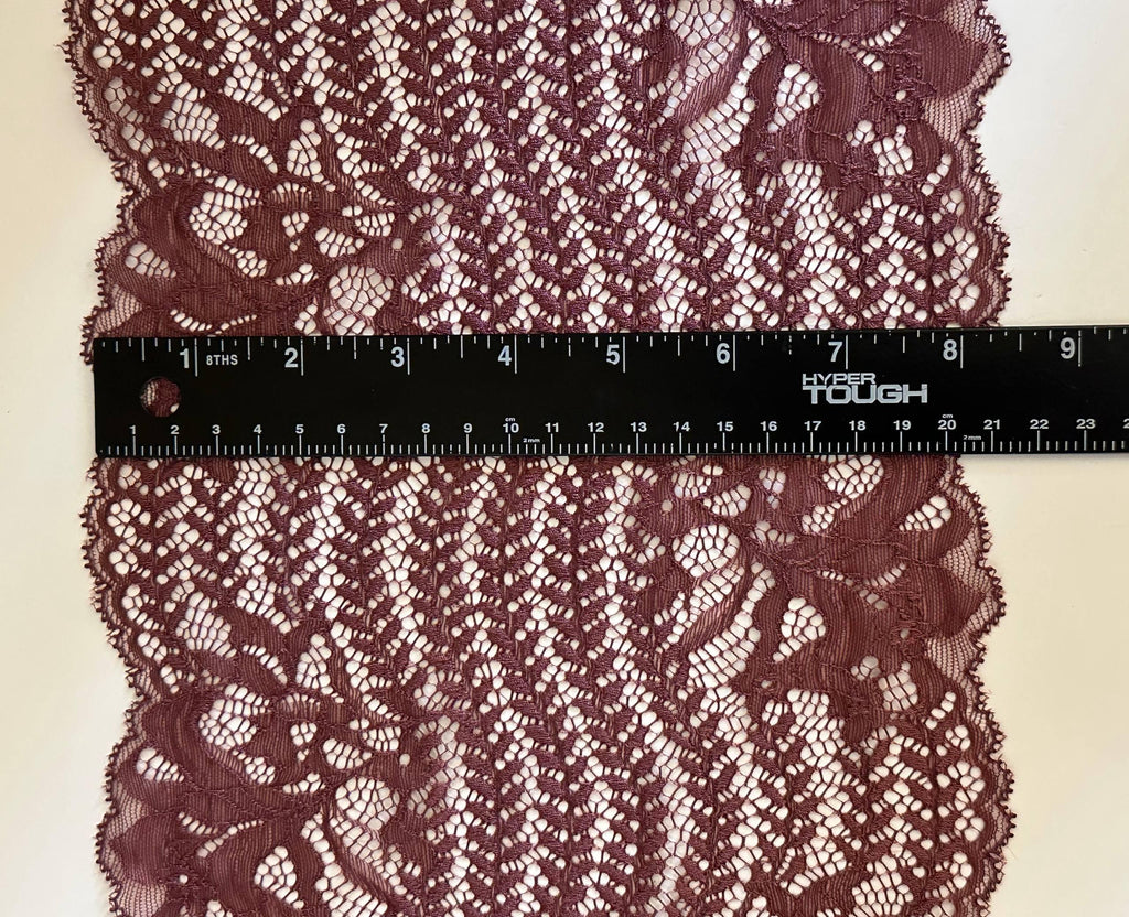 8.5" Cocoa Rose Stretch Lace Trim Wide Dusty Mauve Floral Elastic Galloon Scalloped Edge Lace for Lingerie Underwear Garment Sewing