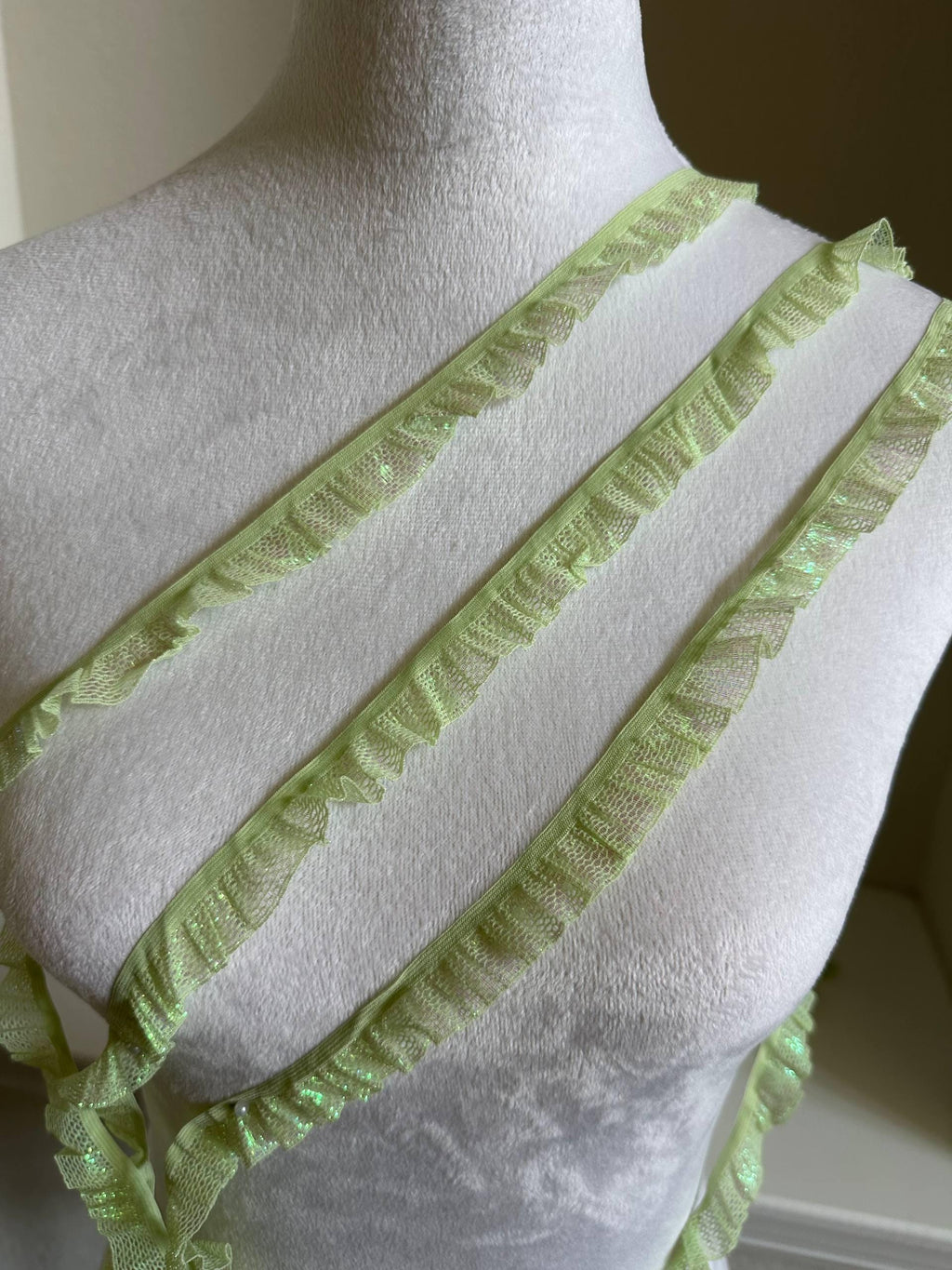 0.75 Inch Shimmer Elastic Ruffle Trim, Green Ruched Stretch Lace for Sewing, Y2K & Coquette Crafts
