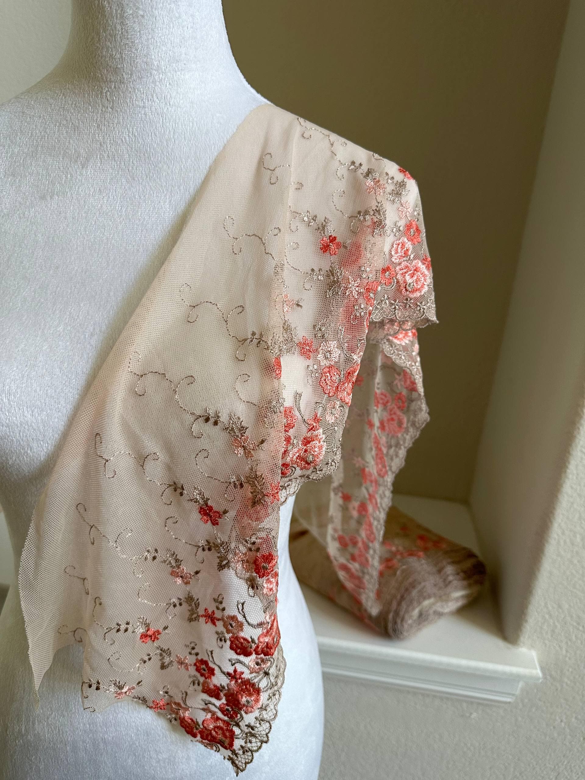 8.5"  Ultra Soft Nude Pink Mesh Lace Trim 8  Embroidered Coral Floral Tulle Fabric for Sweet Lolita, Cottagecore Dress Flounce by Yard
