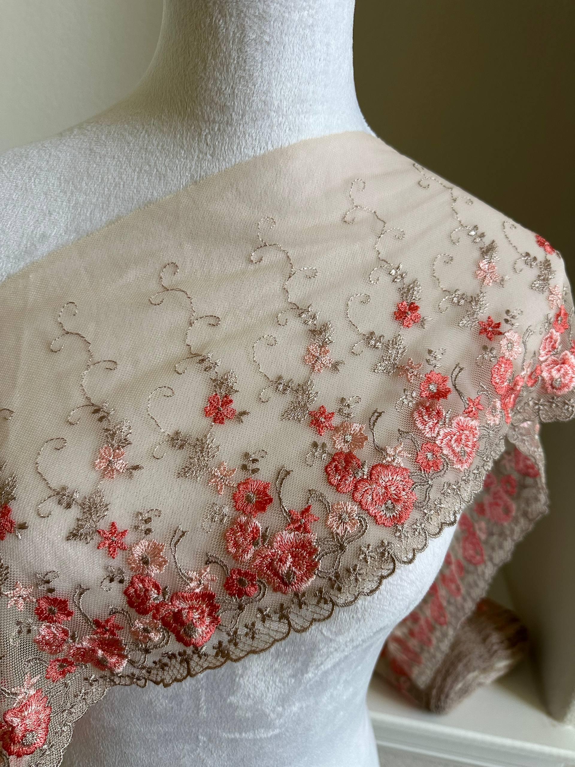 8.5"  Ultra Soft Nude Pink Mesh Lace Trim 8  Embroidered Coral Floral Tulle Fabric for Sweet Lolita, Cottagecore Dress Flounce by Yard