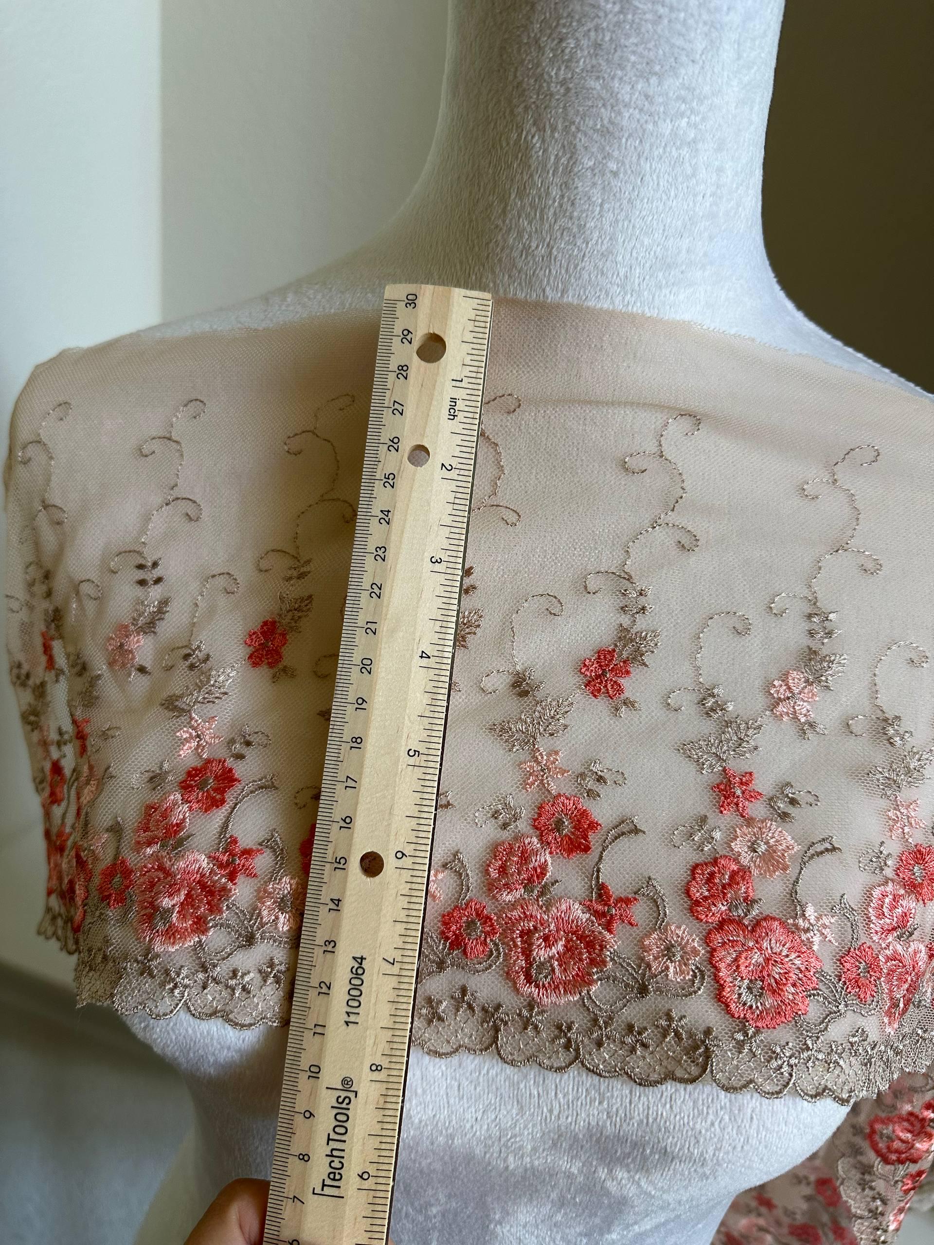 8.5"  Ultra Soft Nude Pink Mesh Lace Trim 8  Embroidered Coral Floral Tulle Fabric for Sweet Lolita, Cottagecore Dress Flounce by Yard