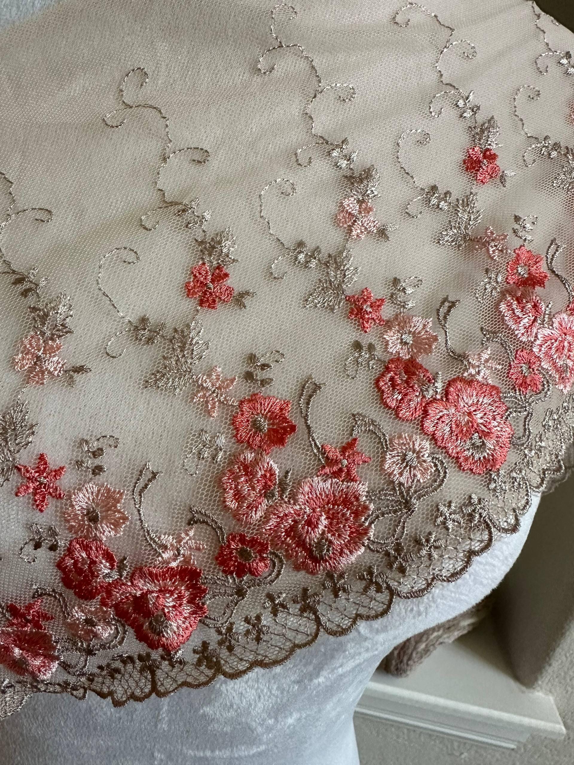 8.5"  Ultra Soft Nude Pink Mesh Lace Trim 8  Embroidered Coral Floral Tulle Fabric for Sweet Lolita, Cottagecore Dress Flounce by Yard