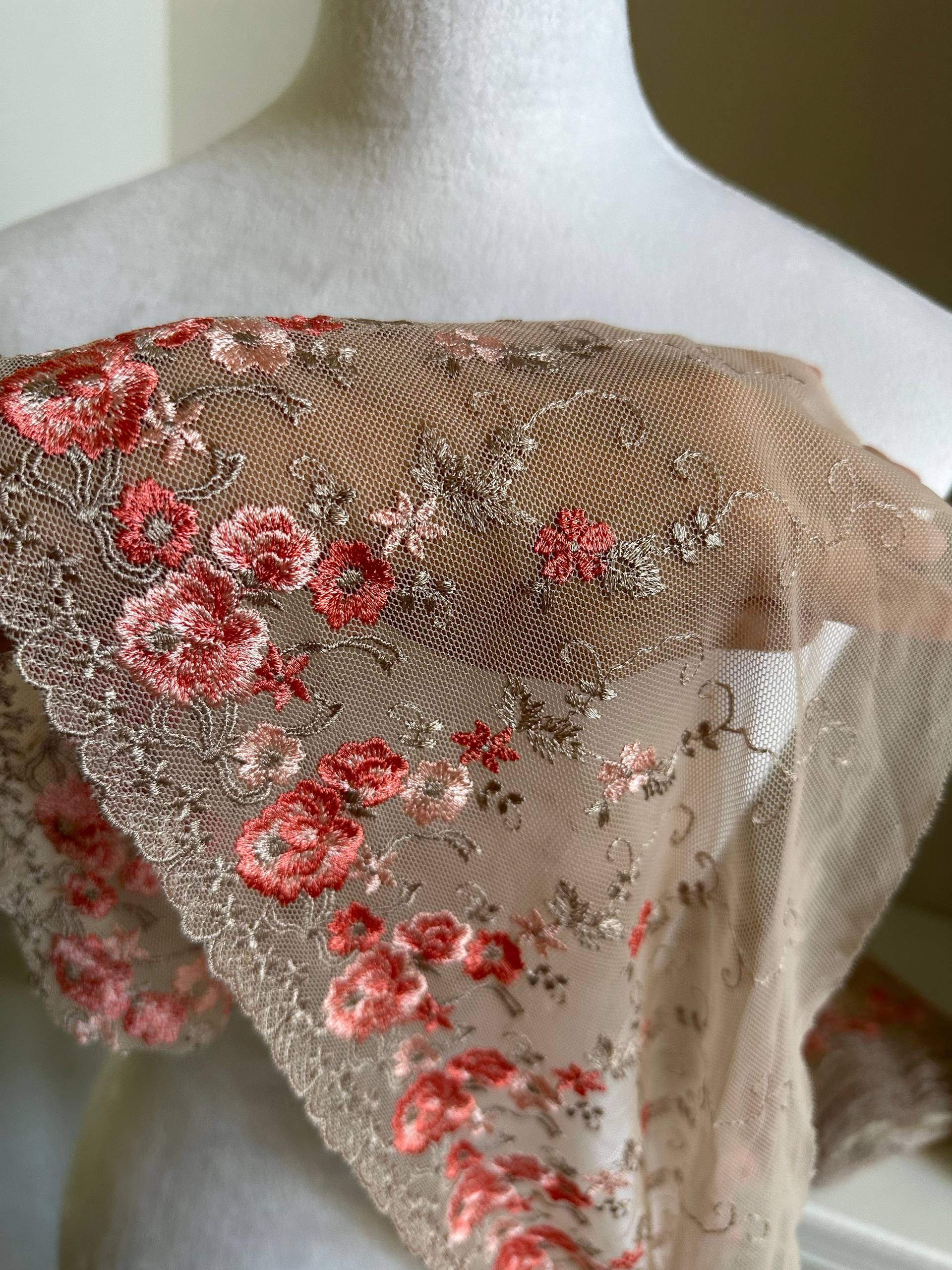 8.5"  Ultra Soft Nude Pink Mesh Lace Trim 8  Embroidered Coral Floral Tulle Fabric for Sweet Lolita, Cottagecore Dress Flounce by Yard