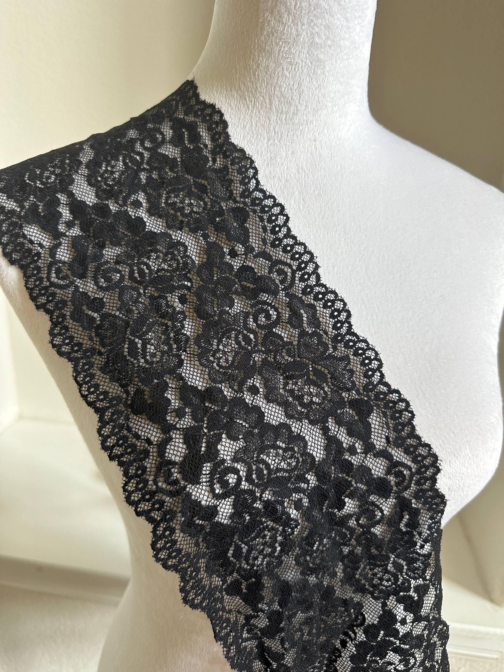 6 Inches Wide Black Elastic Lace Ribbon, Soft Floral Stretch Lace Trim for Lingerie Sewing, Costume Paneling, Bows, Crafts by the Yard
