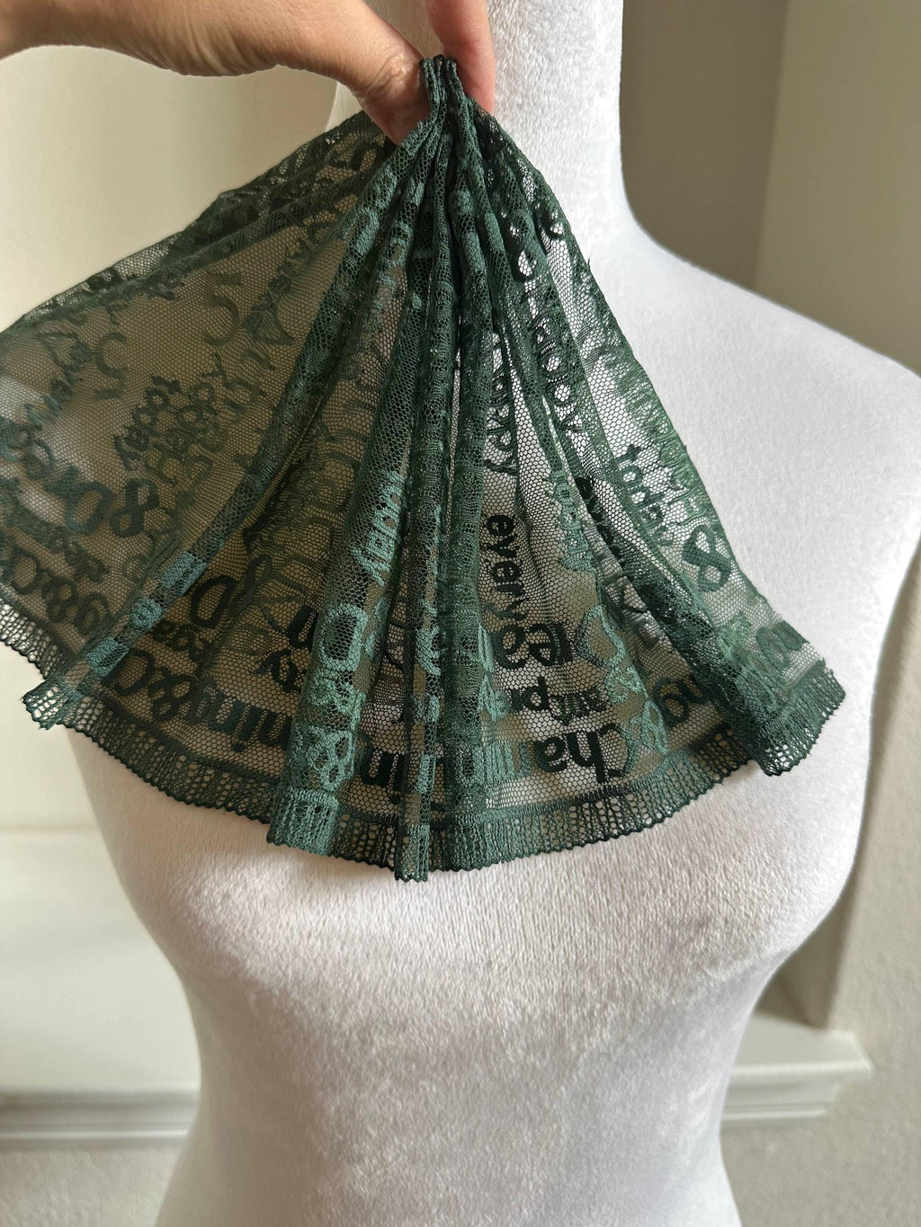 Two Tone Forest Green English Alphabet Letters Embroidered Mesh Lace Trim Single Scalloped Tulle Ribbon for Lingerie Gowns Crafts, 7.8"