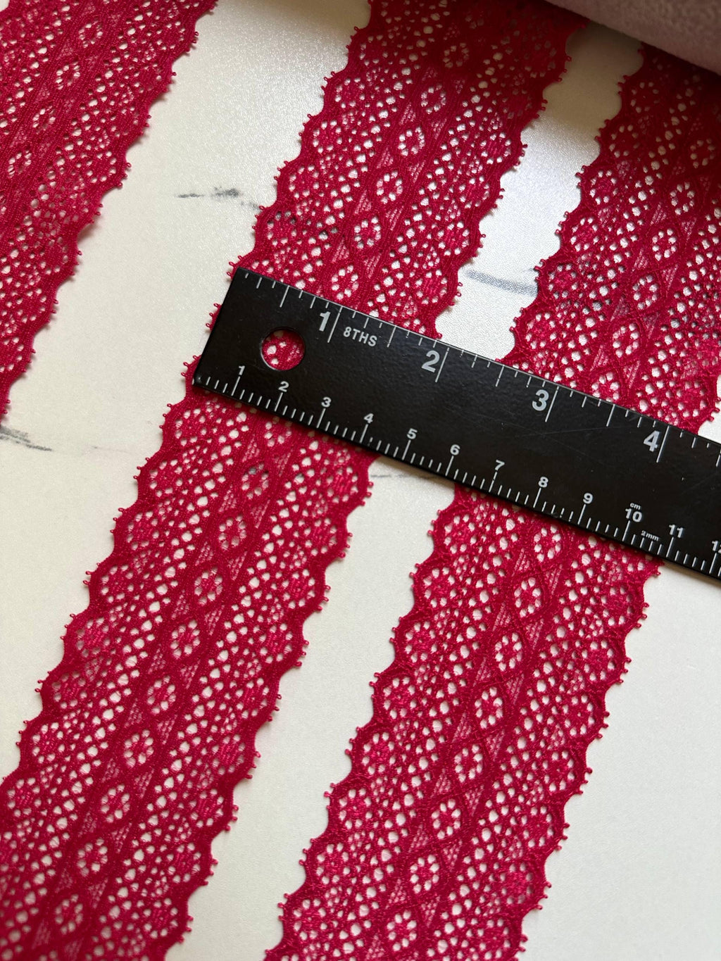 1.75" Retro Red Stretch Lace Trim Wide Crimson Geometric Elastic Galloon Scalloped Edge Lace for Lingerie Garment Sewing Crafts
