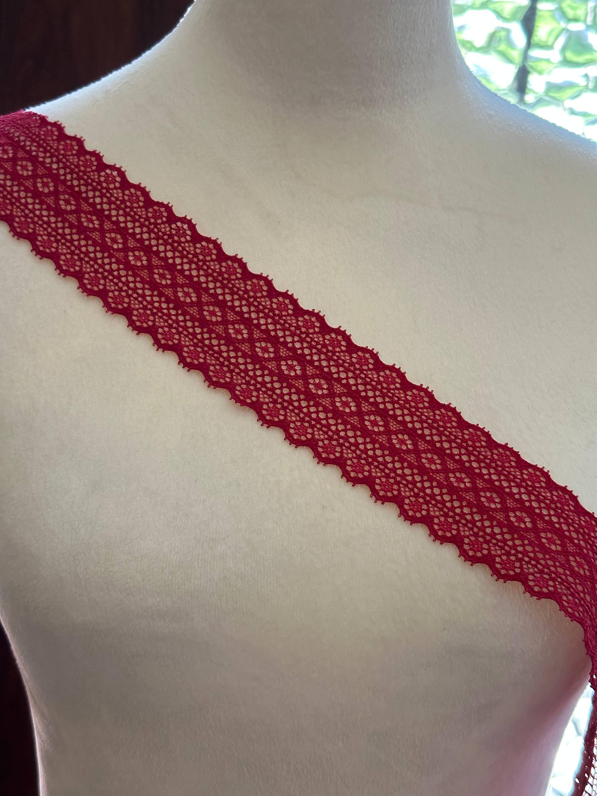1.75" Retro Red Stretch Lace Trim Wide Crimson Geometric Elastic Galloon Scalloped Edge Lace for Lingerie Garment Sewing Crafts