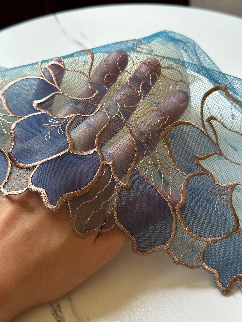 7.65" Peacock Blue Gold Lace Trim Wide Embroidered Floral Swiss Dot Mesh Single Scalloped Edge Lace for Lingerie Garment Sewing Crafts