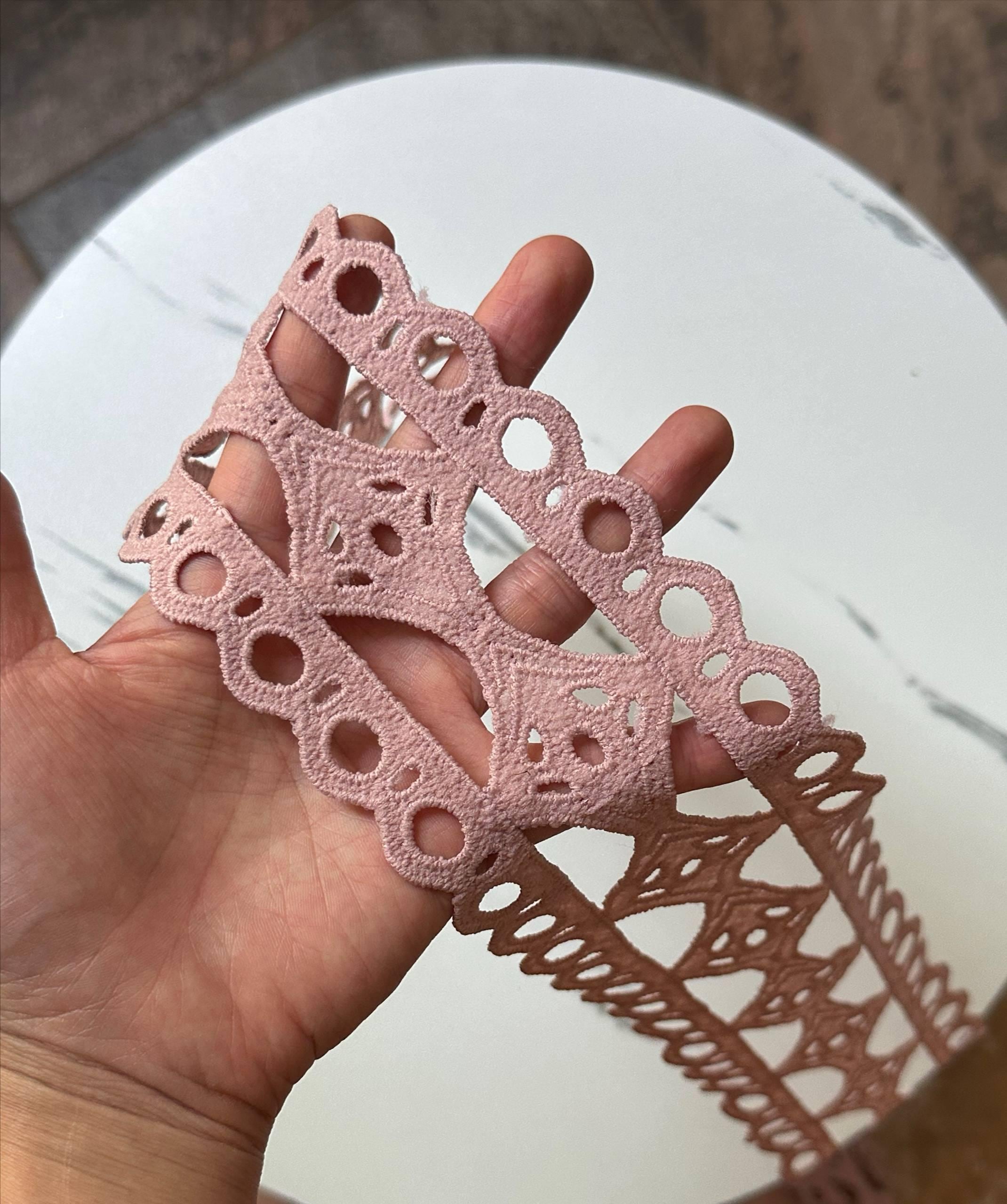 3" Dusty Pink Guipure Lace Trim Wide Venice Chemical Embroidered Scalloped Eyelet Lace for Lingerie Garment Sewing Crafts