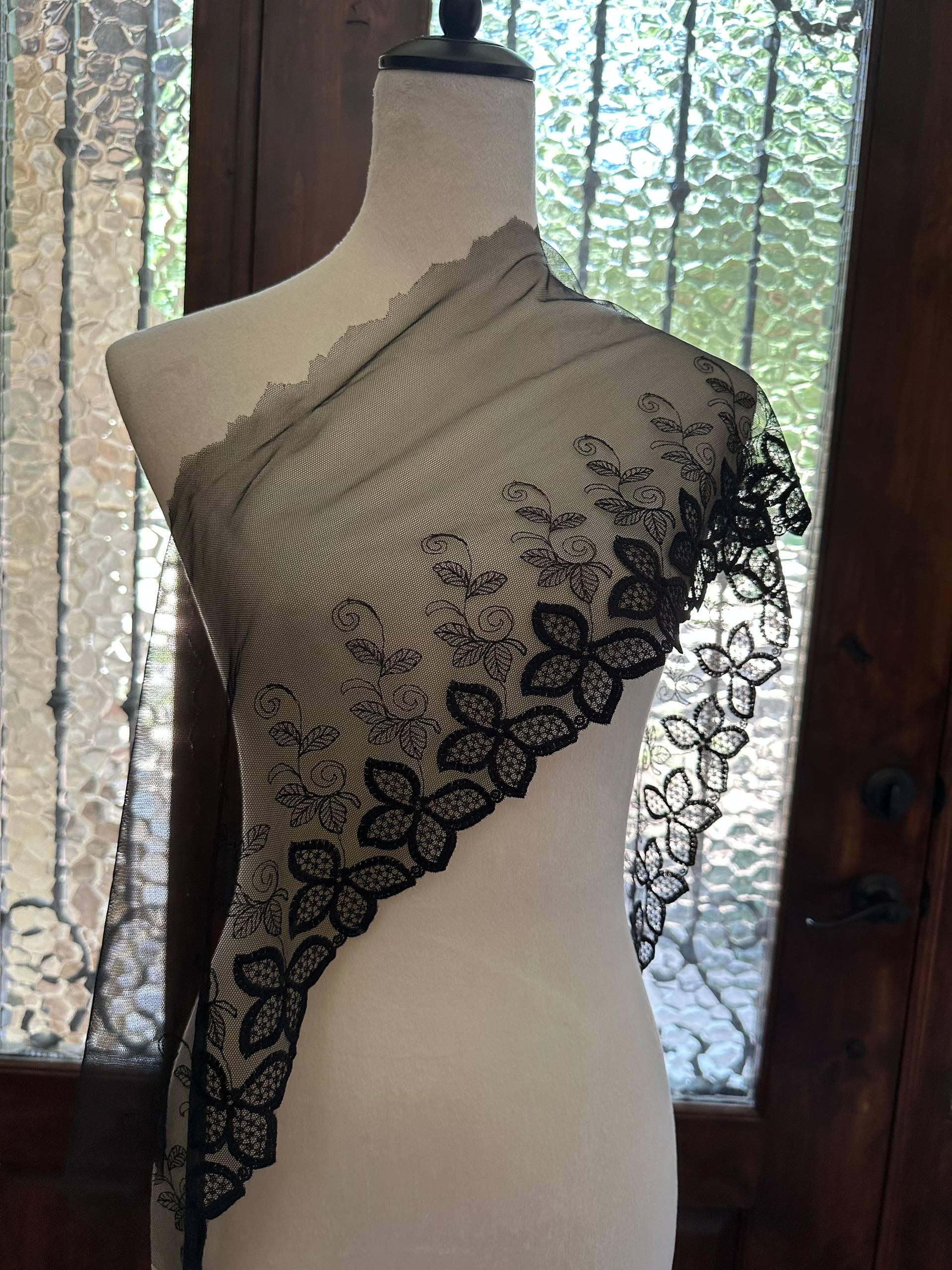 9.25" Black Butterfly Lace Trim Wide Embroidered Soft Tulle Mesh Single Scalloped Edge Gothic Floral Ribbon for Lingerie Garment Sewing