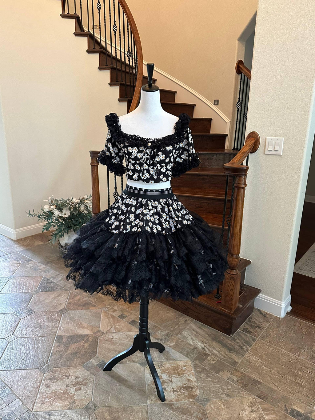 Not for Sale Handmade Daisy Lolita Two Piece Set Coquette Tiered Lace Skirt and Crop Top Chrisom Couture  Gallery Display NFS