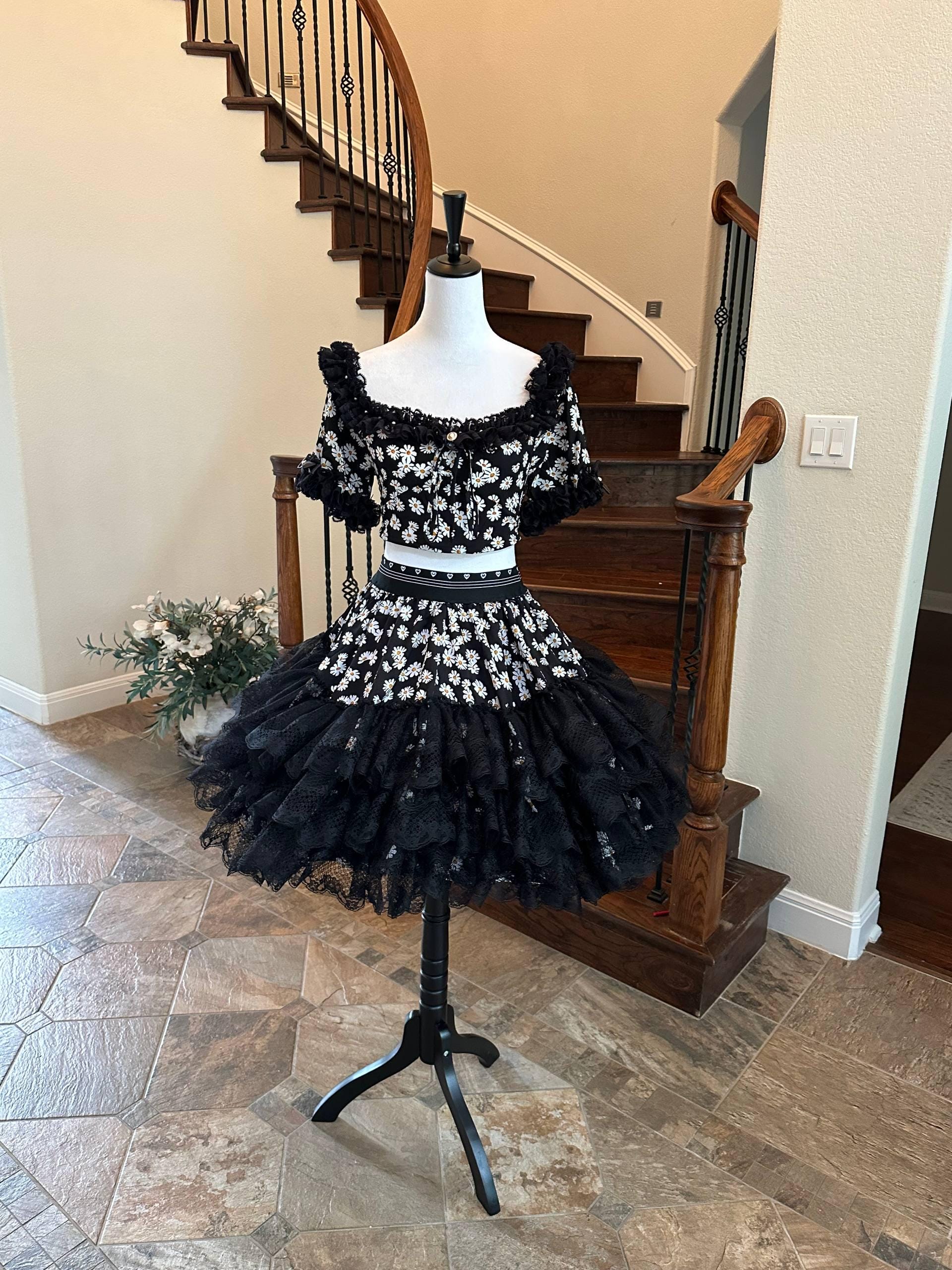 Not for Sale Handmade Daisy Lolita Two Piece Set Coquette Tiered Lace Skirt and Crop Top Chrisom Couture  Gallery Display NFS