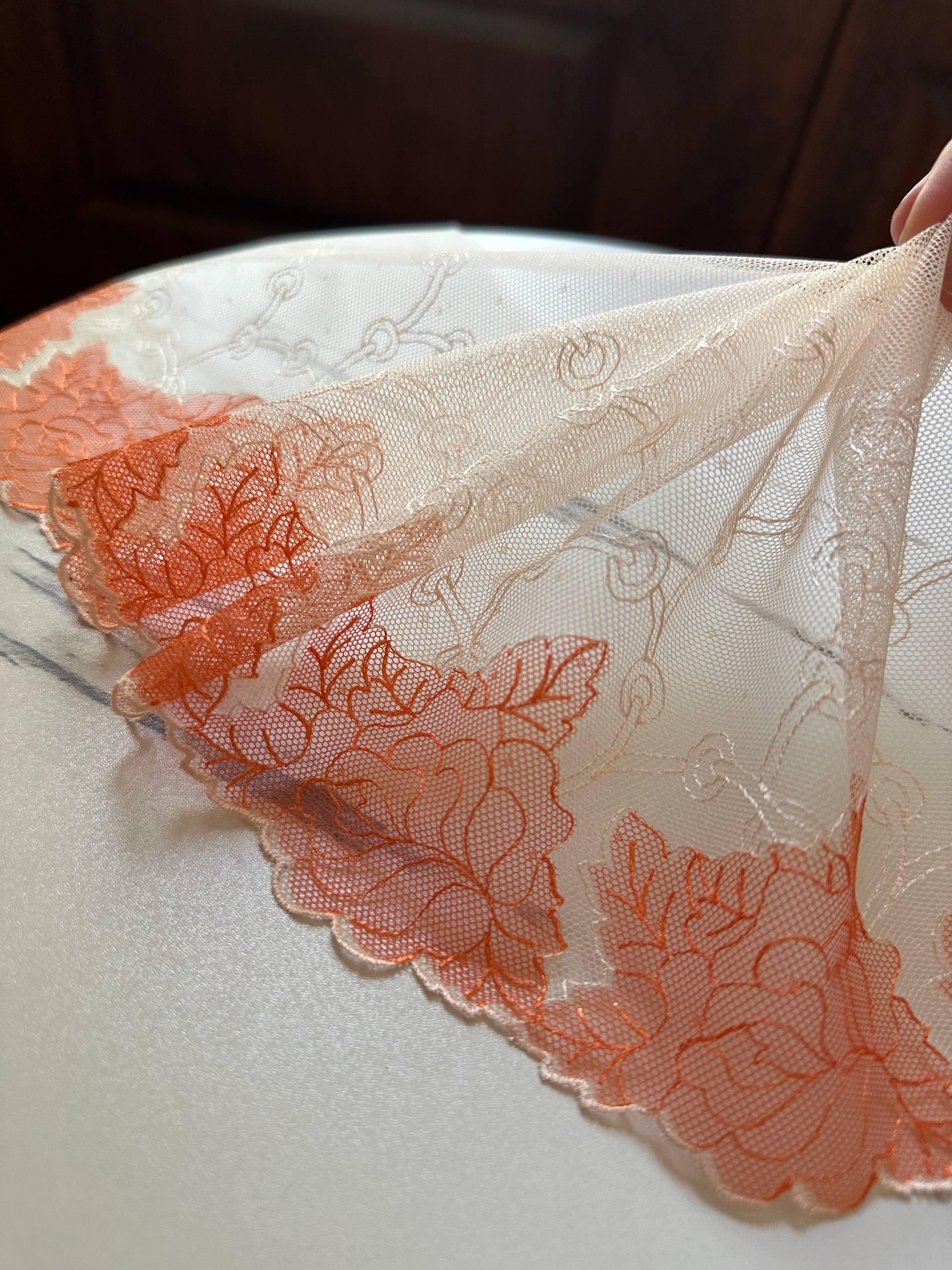 7.25" Coral Orange Lace Trim Wide Embroidered Soft Tulle Mesh Scalloped Edge Rose Ribbon for Matching Skirt Lingerie Garment Sewing