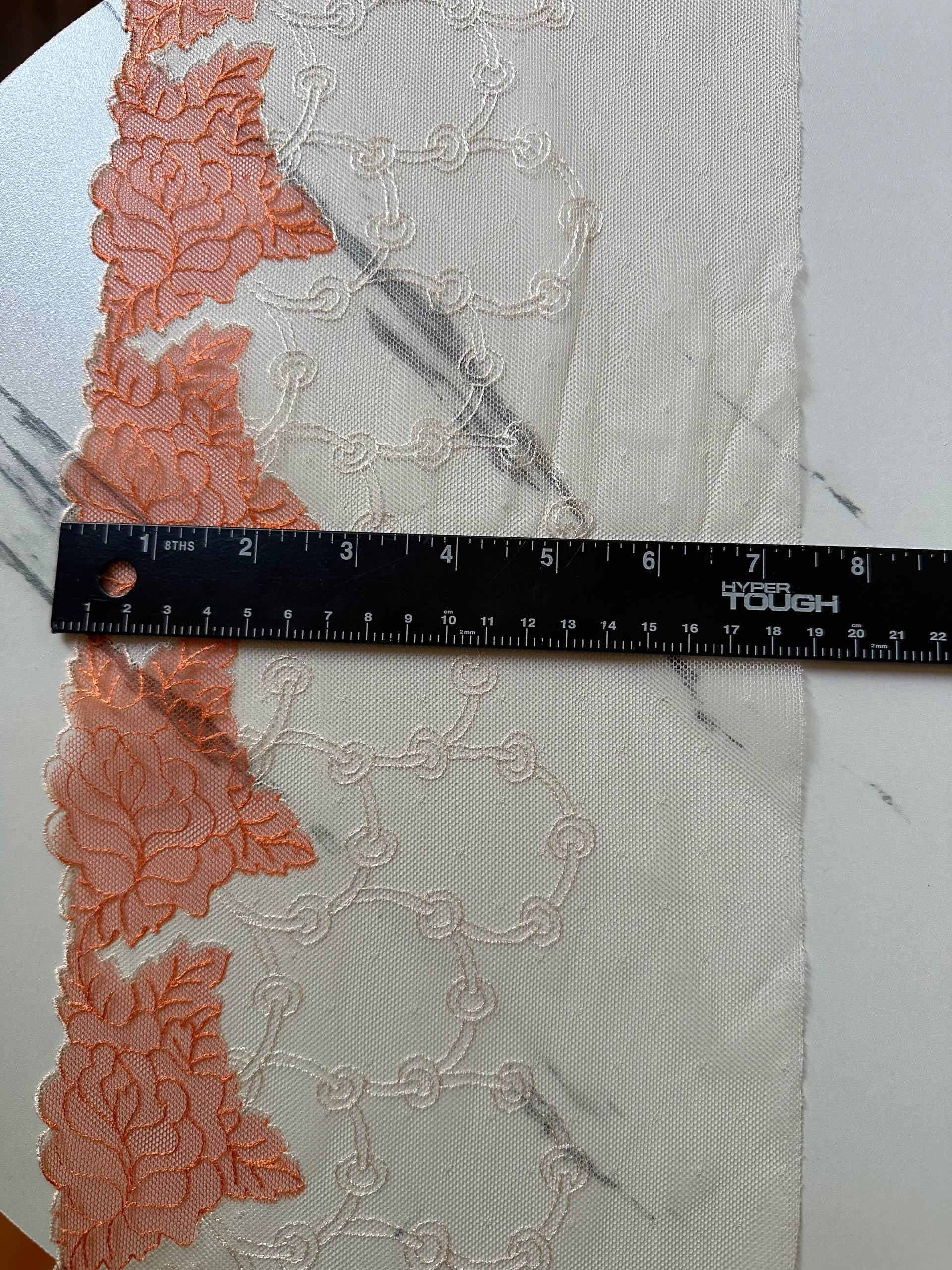7.25" Coral Orange Lace Trim Wide Embroidered Soft Tulle Mesh Scalloped Edge Rose Ribbon for Matching Skirt Lingerie Garment Sewing