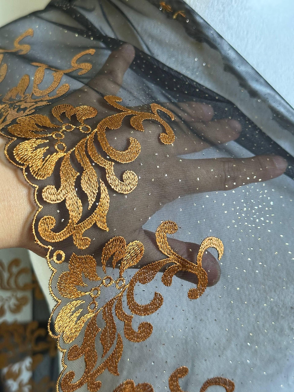 Glitter Gold Soft Mesh Embroidered Trim, Heavy Scalloped Floral Lace Fabric, 4 Inch Embroidery Border for Lolita Dress Ruffle, By The Yard