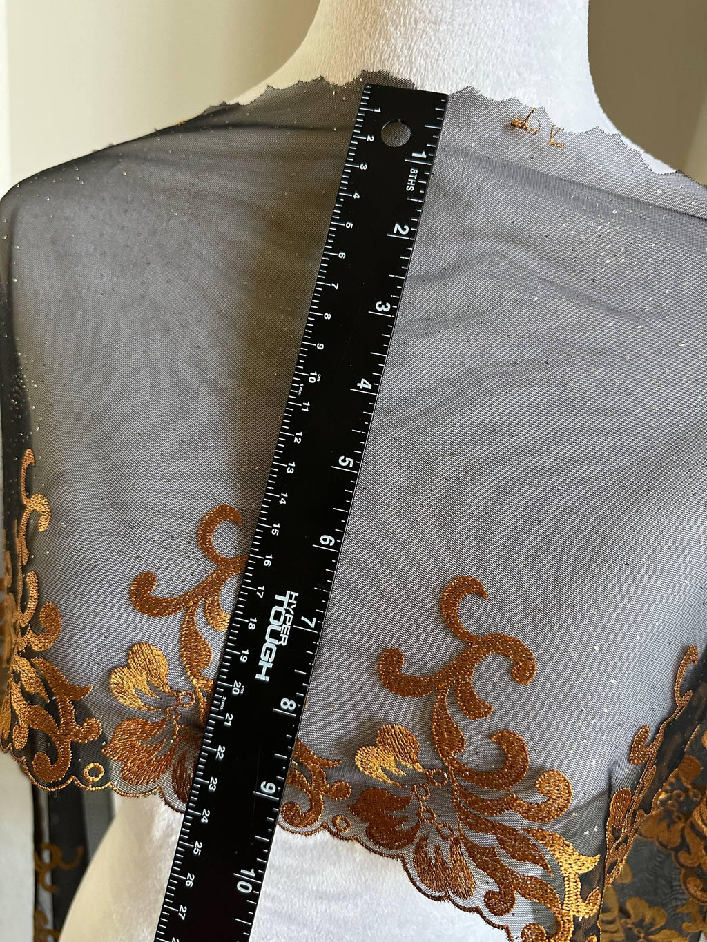 Glitter Gold Soft Mesh Embroidered Trim, Heavy Scalloped Floral Lace Fabric, 4 Inch Embroidery Border for Lolita Dress Ruffle, By The Yard