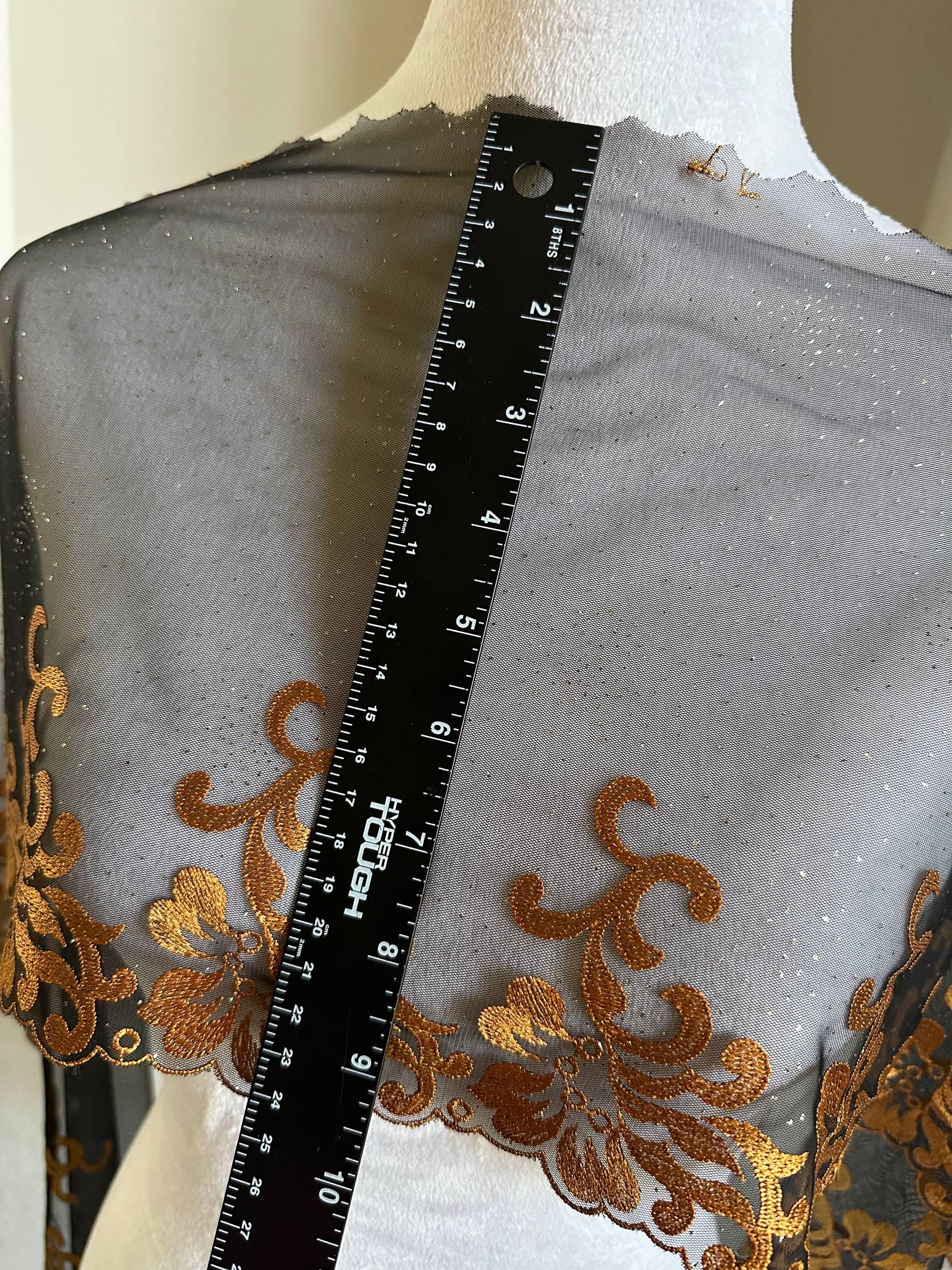 Glitter Gold Soft Mesh Embroidered Trim, Heavy Scalloped Floral Lace Fabric, 4 Inch Embroidery Border for Lolita Dress Ruffle, By The Yard