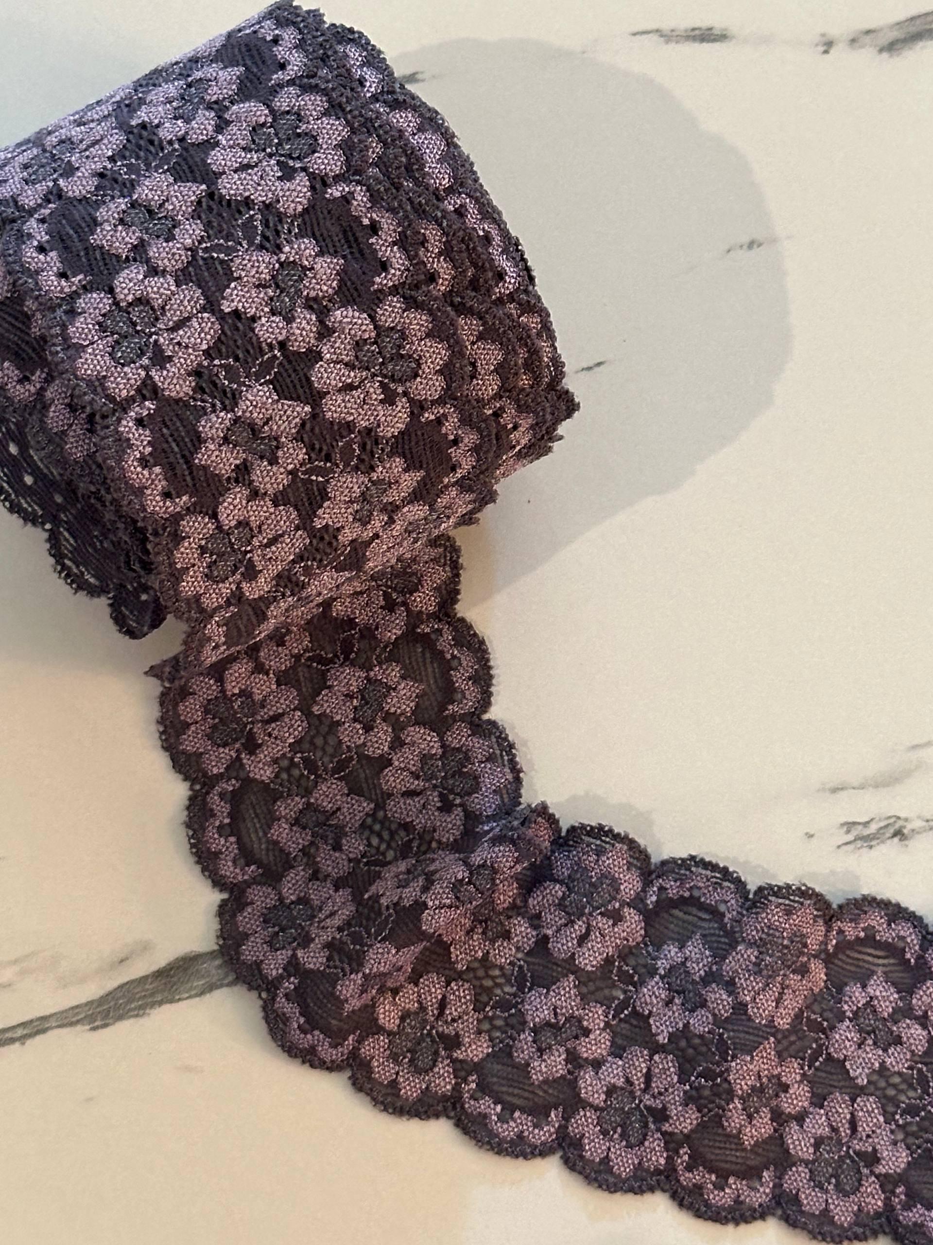 Two Tone Charcoal Black & Dusty Mauve Floral Stretch Elastic Lace Trim Symmetrical Double Scalloped Galloon Ribbon for Lingerie Crafts 2.25"