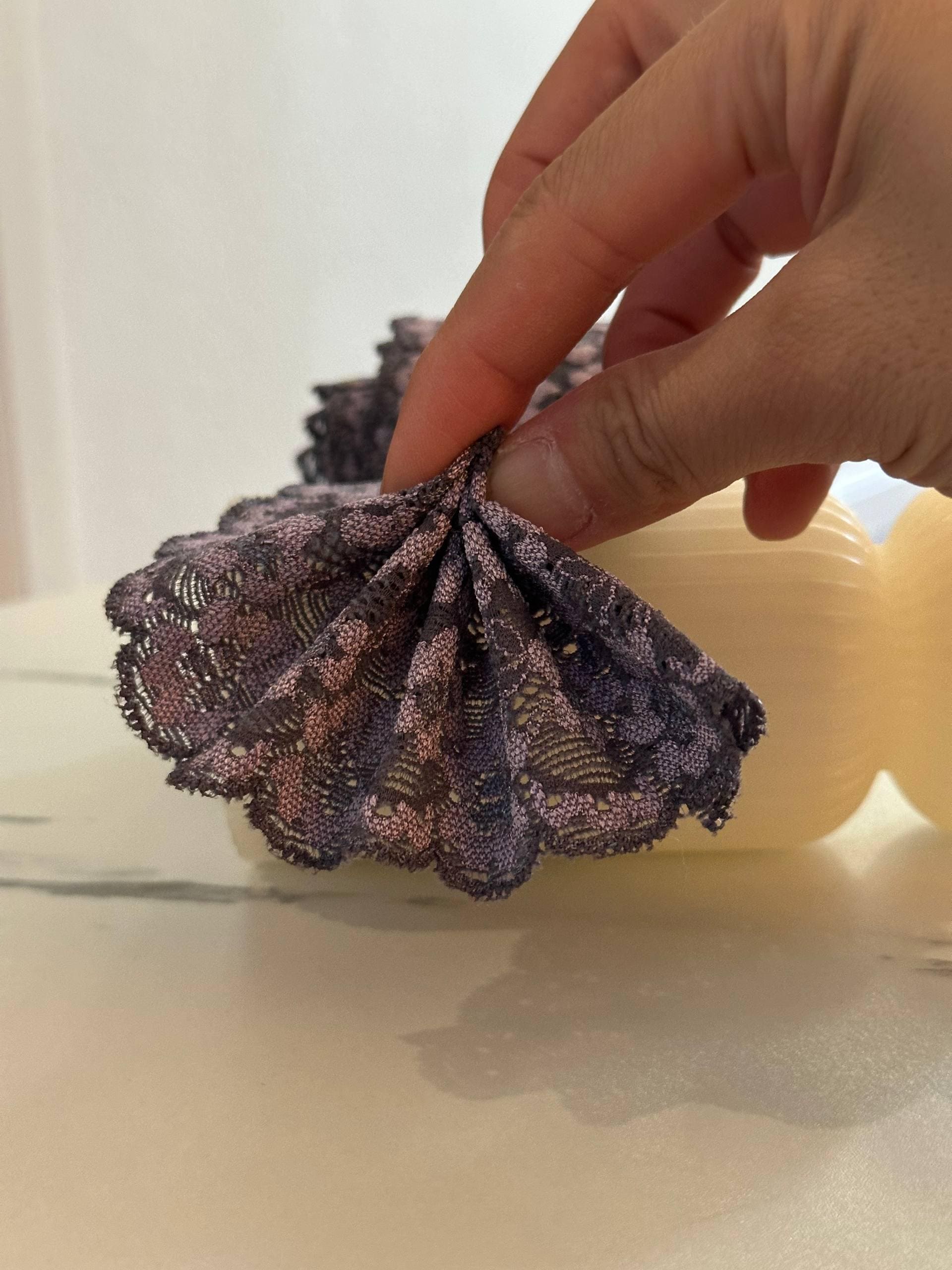Two Tone Charcoal Black & Dusty Mauve Floral Stretch Elastic Lace Trim Symmetrical Double Scalloped Galloon Ribbon for Lingerie Crafts 2.25"