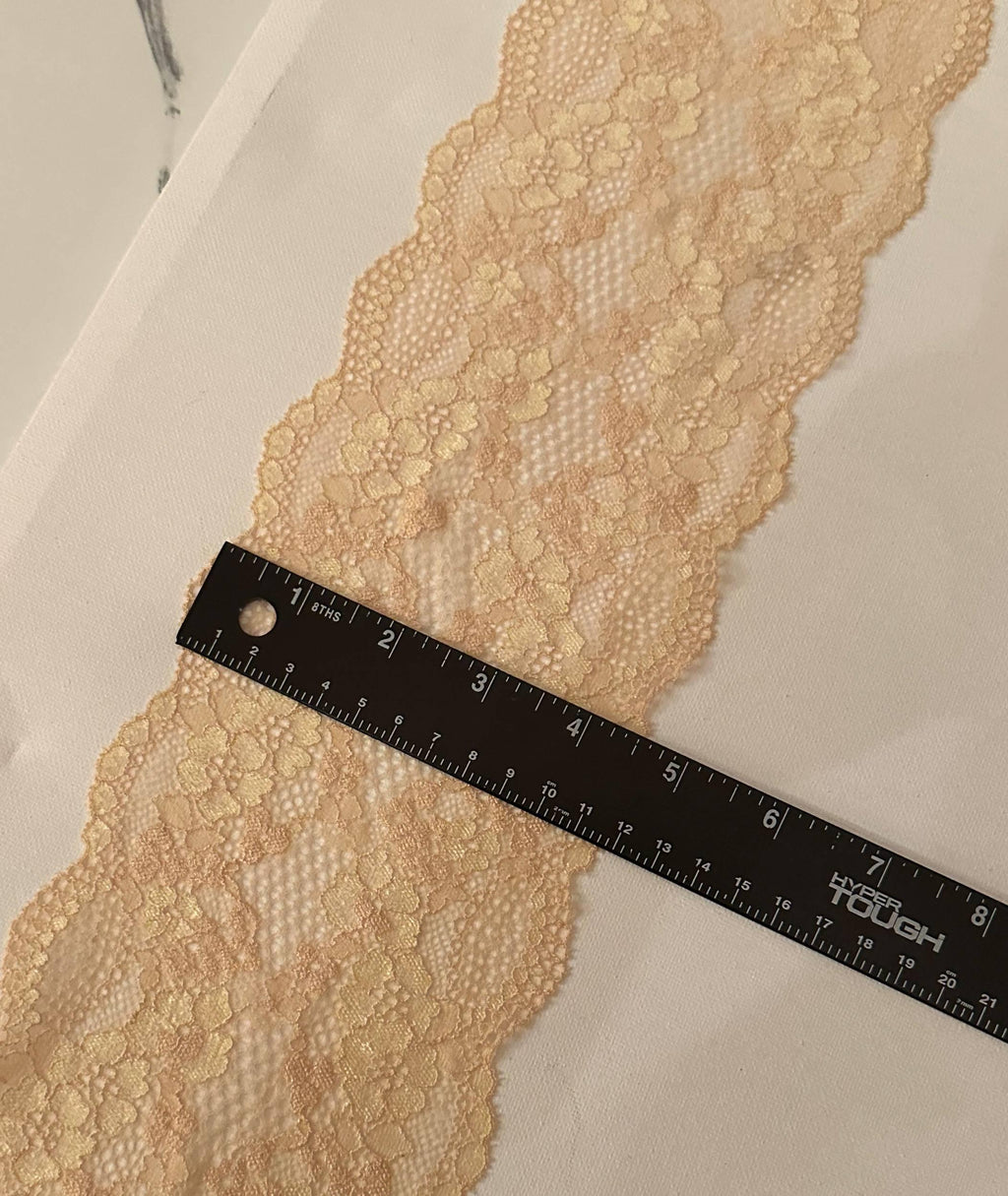 Champagne Gold Floral Stretch Elastic Lace Trim Symmetrical Double Scalloped Wide Galloon Ribbon for Lingerie Gowns Crafts, 4.5"