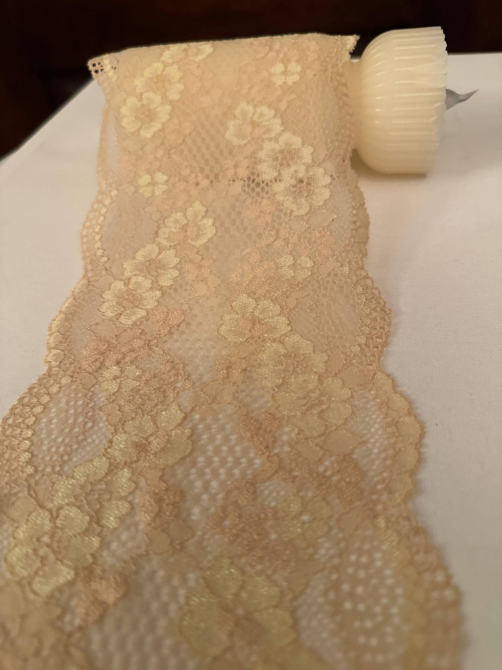 Champagne Gold Floral Stretch Elastic Lace Trim Symmetrical Double Scalloped Wide Galloon Ribbon for Lingerie Gowns Crafts, 4.5"