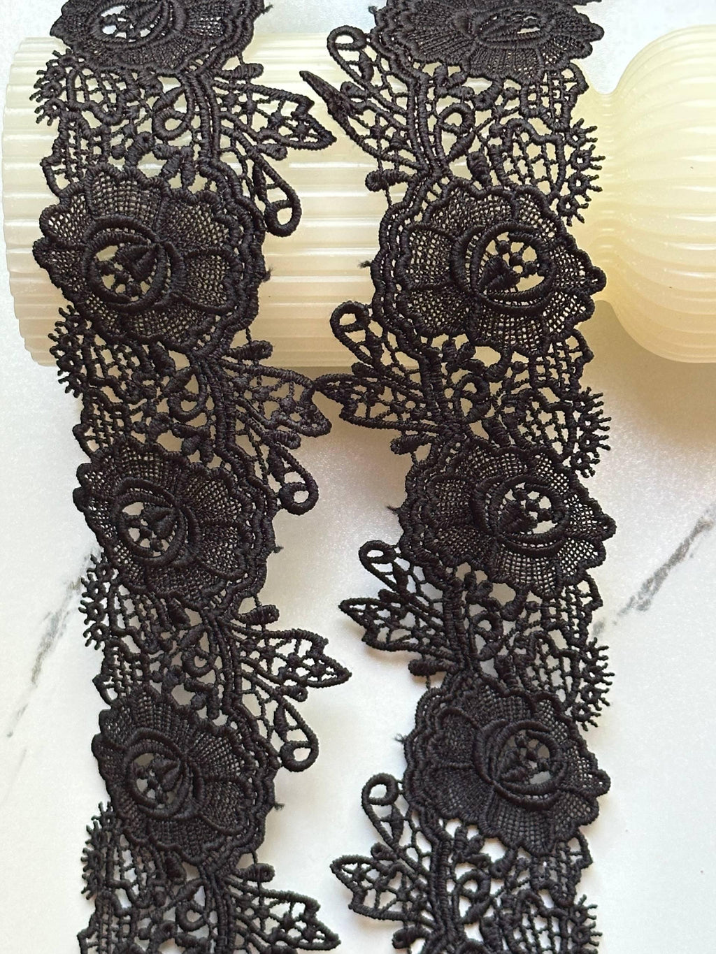 Gothic Black Venetian Guipure Chemical Water Soluble Floral Lace Trim Heavyweight Embroidered Rose Ribbon for Gowns Crafts Sewing, 1.5"