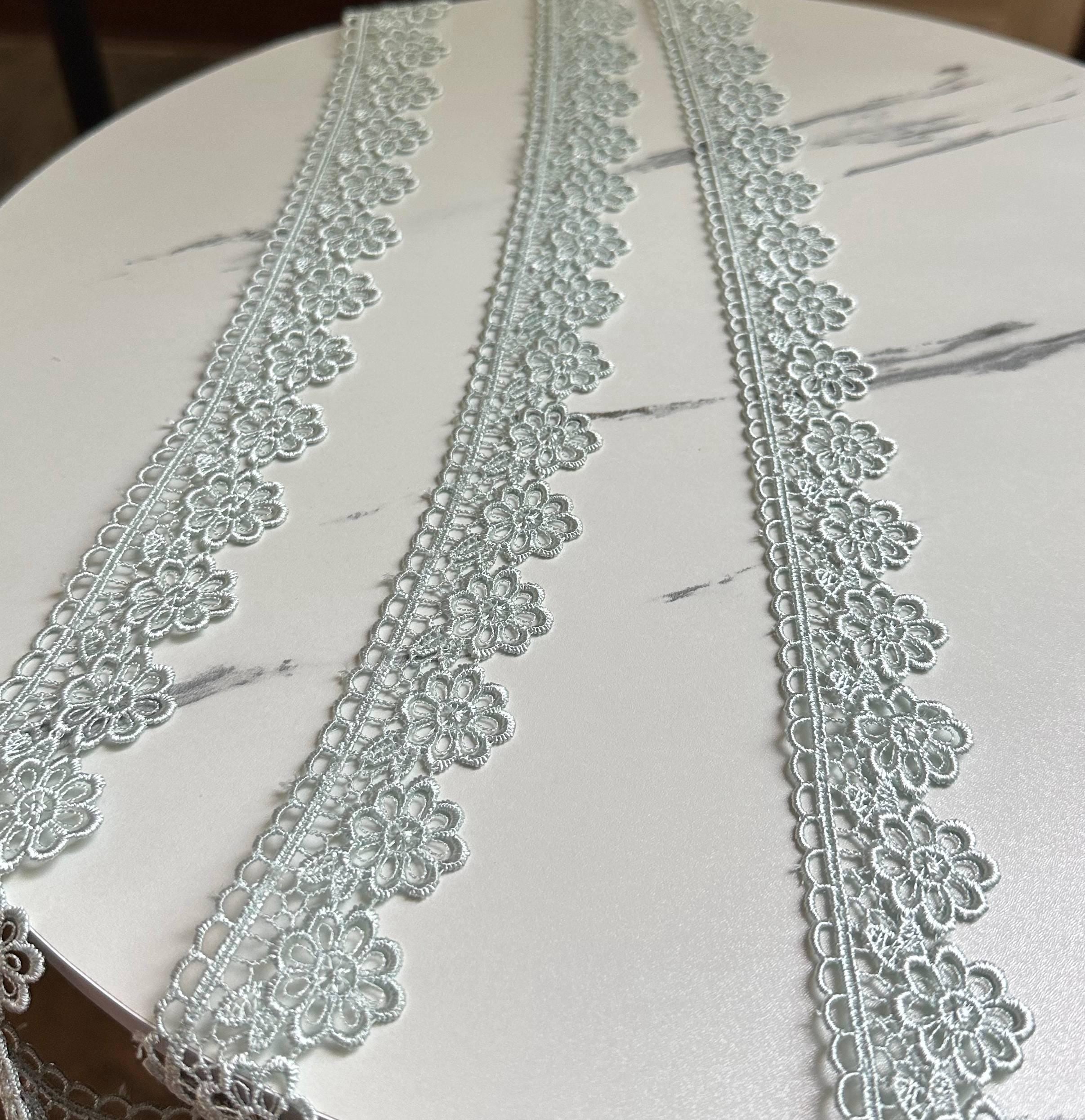 Sage Green Beading Daisies Venetian Guipure Chemical Water Soluble Lace Trim Ribbon Insertable Openwork Scalloped Edge Border Crafts, 1.25"