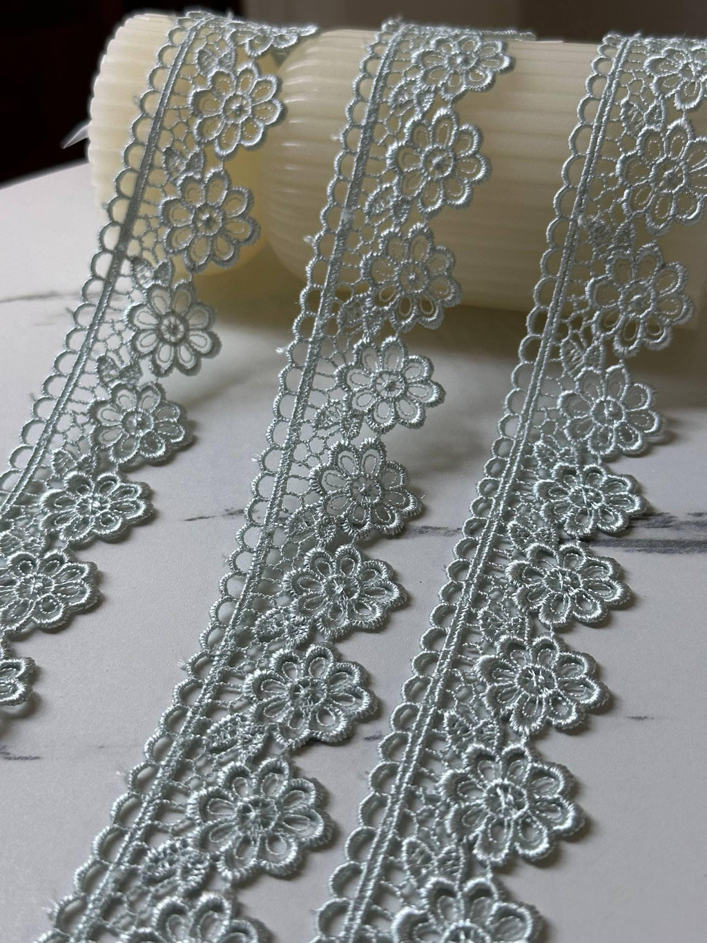 Sage Green Beading Daisies Venetian Guipure Chemical Water Soluble Lace Trim Ribbon Insertable Openwork Scalloped Edge Border Crafts, 1.25"