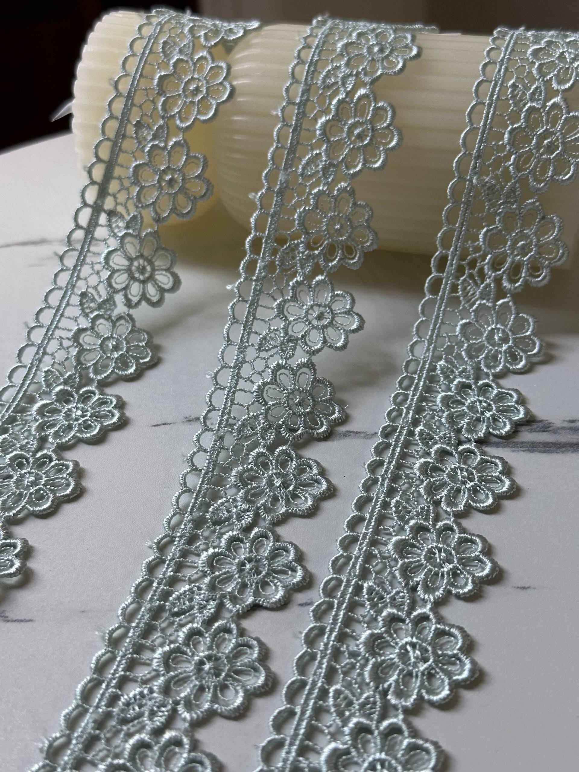 Sage Green Beading Daisies Venetian Guipure Chemical Water Soluble Lace Trim Ribbon Insertable Openwork Scalloped Edge Border Crafts, 1.25"