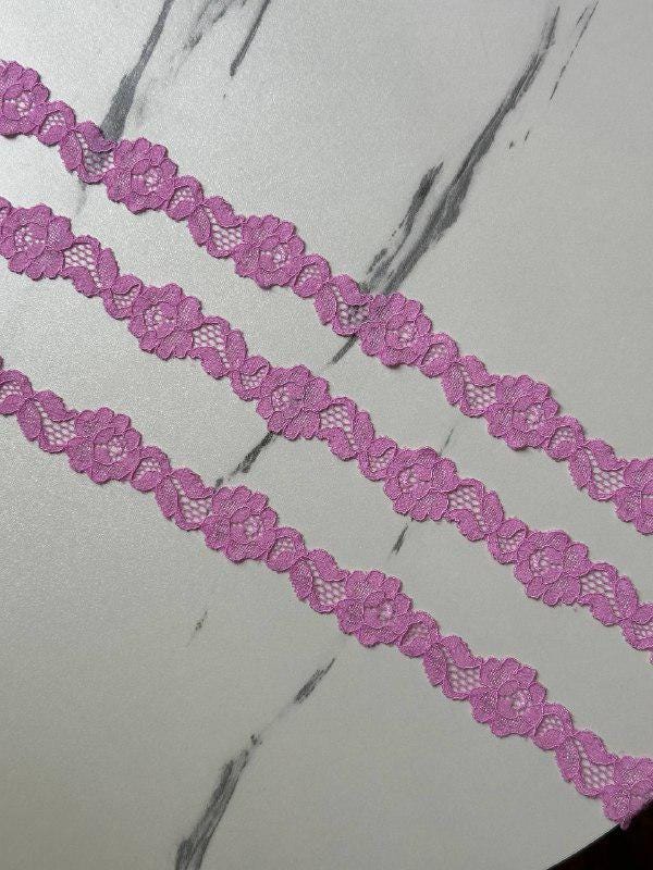 Bright Candy Pink Floral Stretch Elastic Lace Trim Symmetrical Double Scalloped Galloon Ribbon for Lingerie Underwear Crafts Sewing, 1"