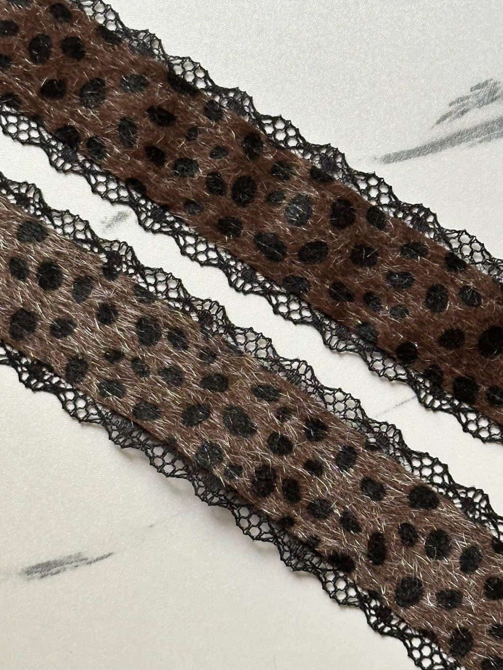 Leopard Print Mohair Faux Fur Black Lace Trim Symmetrical Scalloped Eyelash Ribbon for Y2K Grunge Lingerie Crafts Sewing, 1.25"