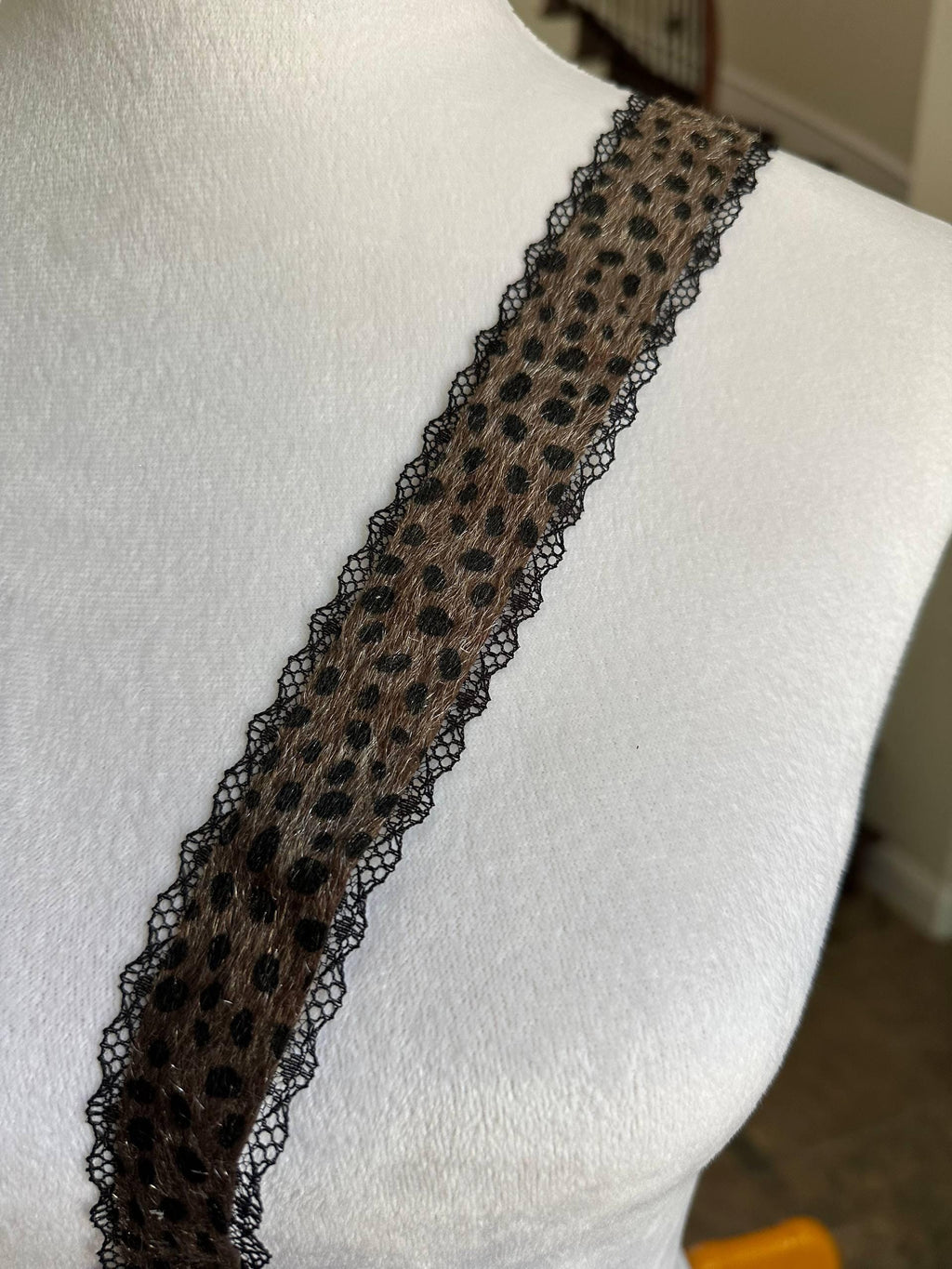 Leopard Print Mohair Faux Fur Black Lace Trim Symmetrical Scalloped Eyelash Ribbon for Y2K Grunge Lingerie Crafts Sewing, 1.25"