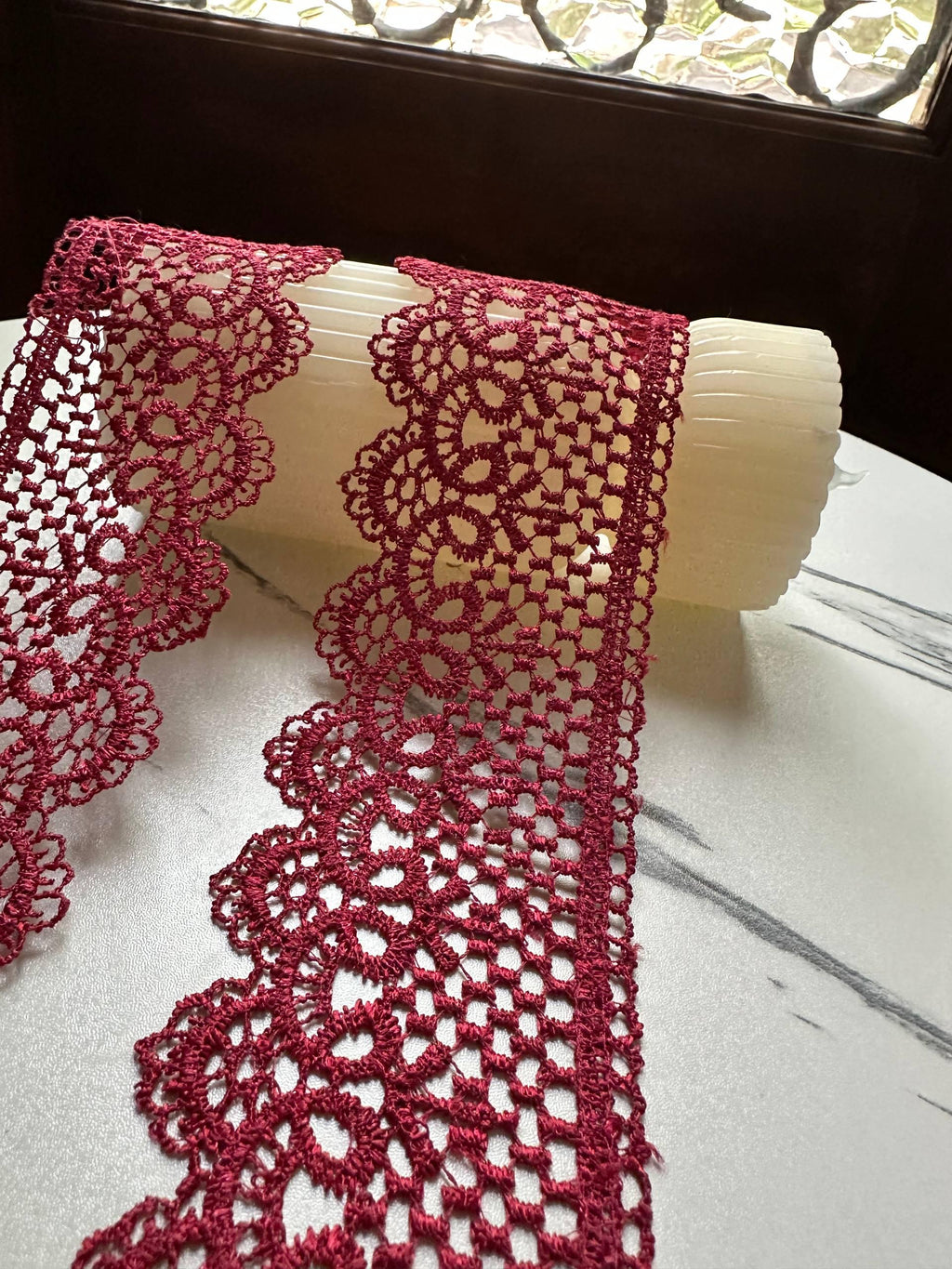 Burgundy Wine Red Venetian Guipure Chemical Water Soluble Lace Trim Symmetrical Double Scalloped Non Stretch Ribbon for Gowns Crafts, 2.5"