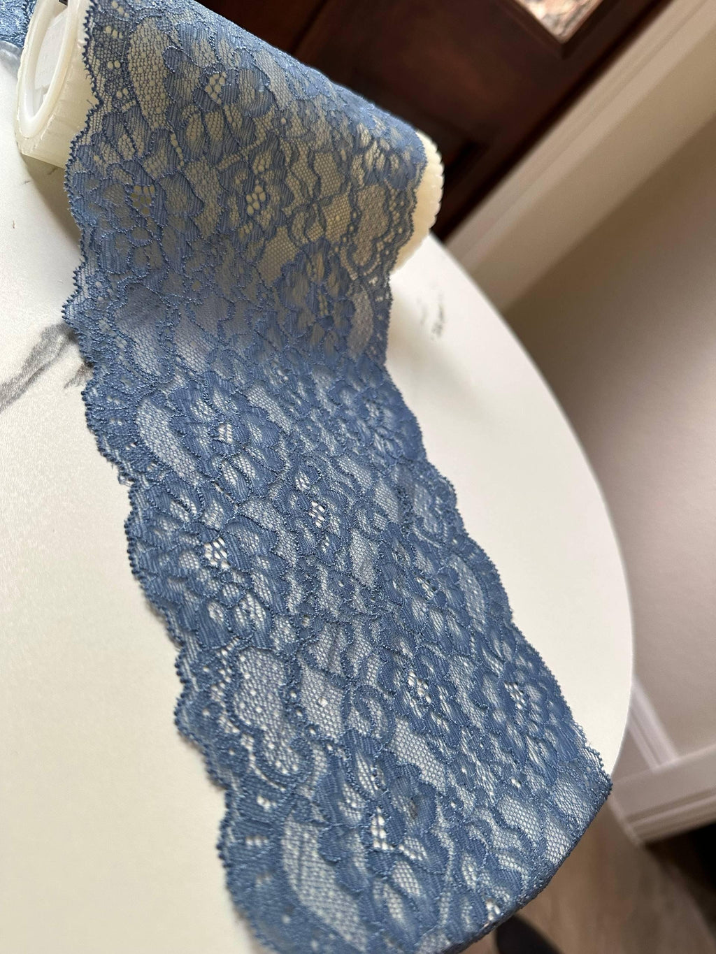 Dusty Steel Blue Floral Stretch Elastic Lace Trim Symmetrical Double Scalloped Wide Galloon Ribbon for Lingerie Gowns Crafts Sewing, 5"