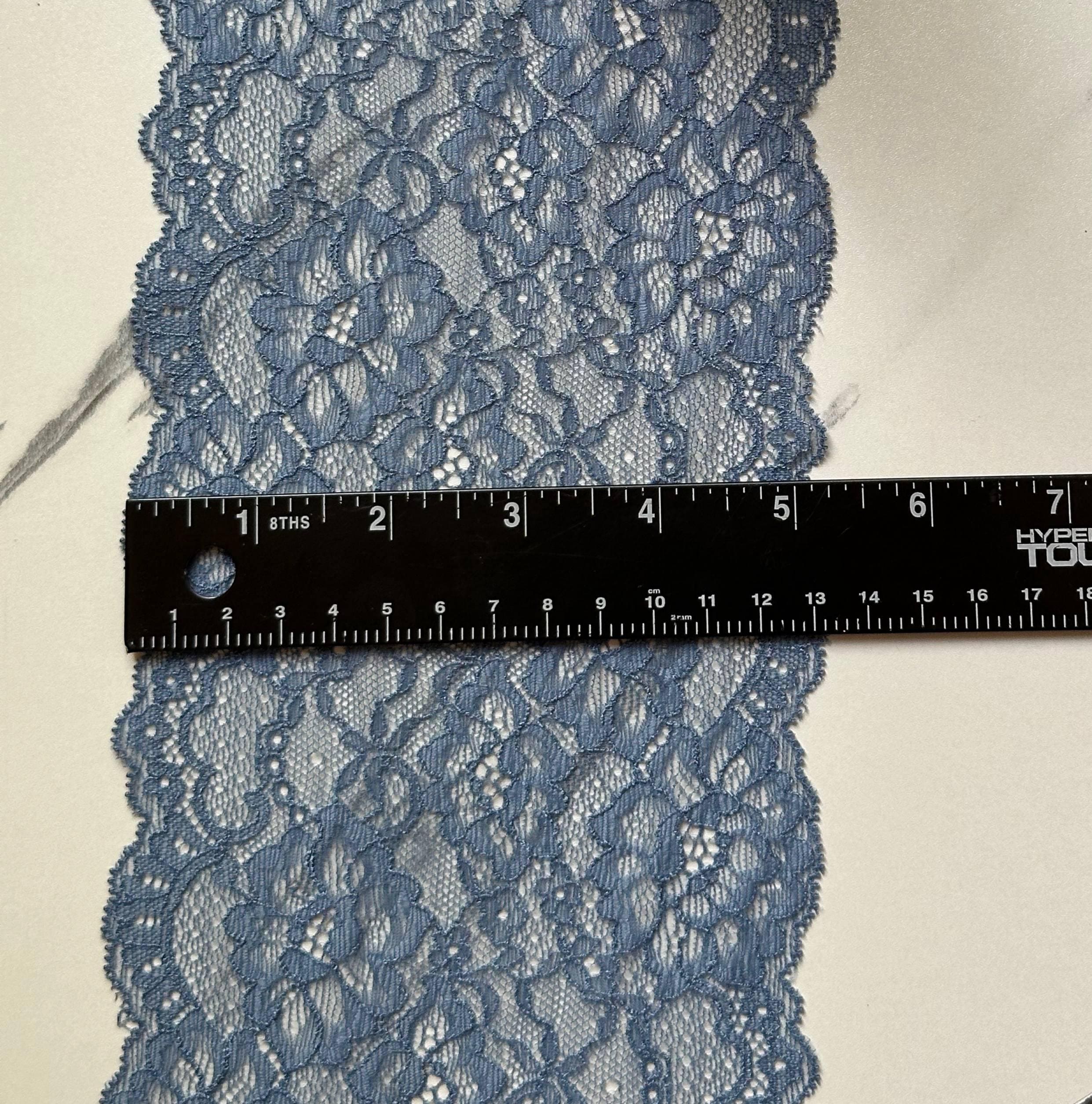 Dusty Steel Blue Floral Stretch Elastic Lace Trim Symmetrical Double Scalloped Wide Galloon Ribbon for Lingerie Gowns Crafts Sewing, 5"