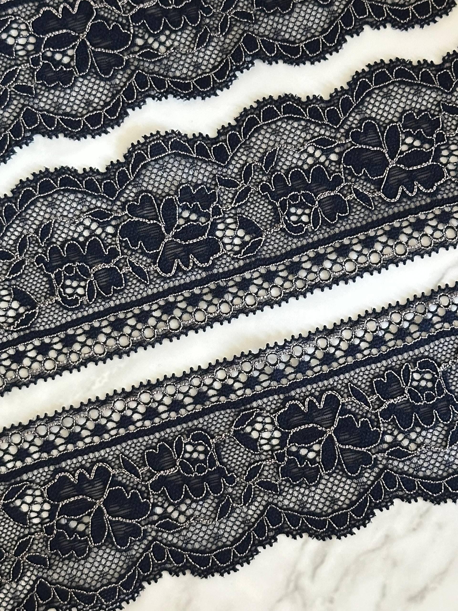 2.5" Navy Blue Stretch Lace Trim Insertion Beading Floral Ribbon Elastic Lace Silver Outline for craft and Sewing by the Yard