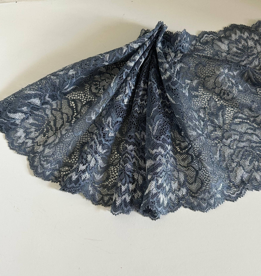 8.5" Slate Blue Stretch Lace Trim Wide Floral Elastic Galloon Scalloped Edge Lace for Lingerie Underwear Garment Sewing Crafts by the Yard
