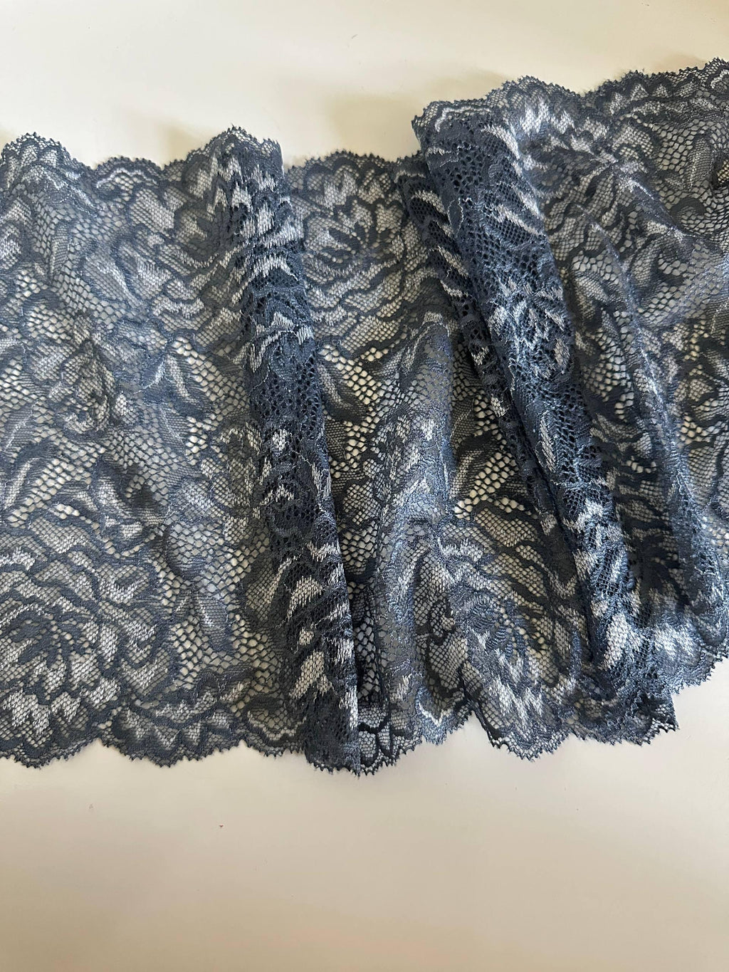 8.5" Slate Blue Stretch Lace Trim Wide Floral Elastic Galloon Scalloped Edge Lace for Lingerie Underwear Garment Sewing Crafts by the Yard