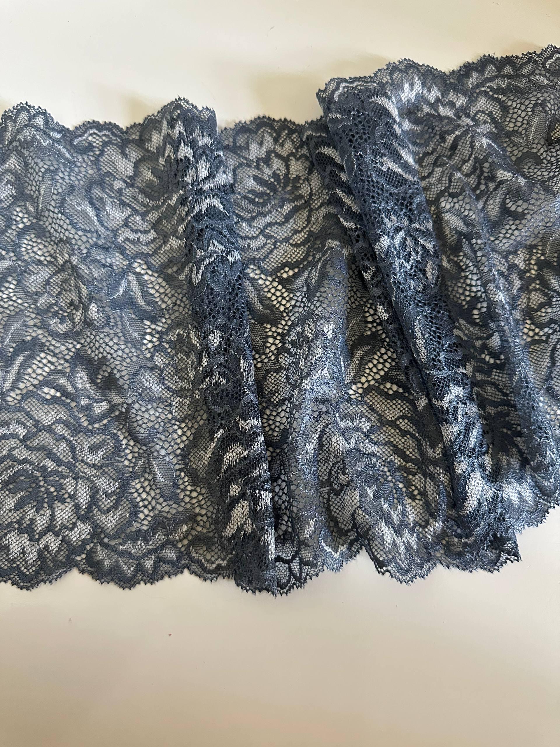 8.5" Slate Blue Stretch Lace Trim Wide Floral Elastic Galloon Scalloped Edge Lace for Lingerie Underwear Garment Sewing Crafts by the Yard