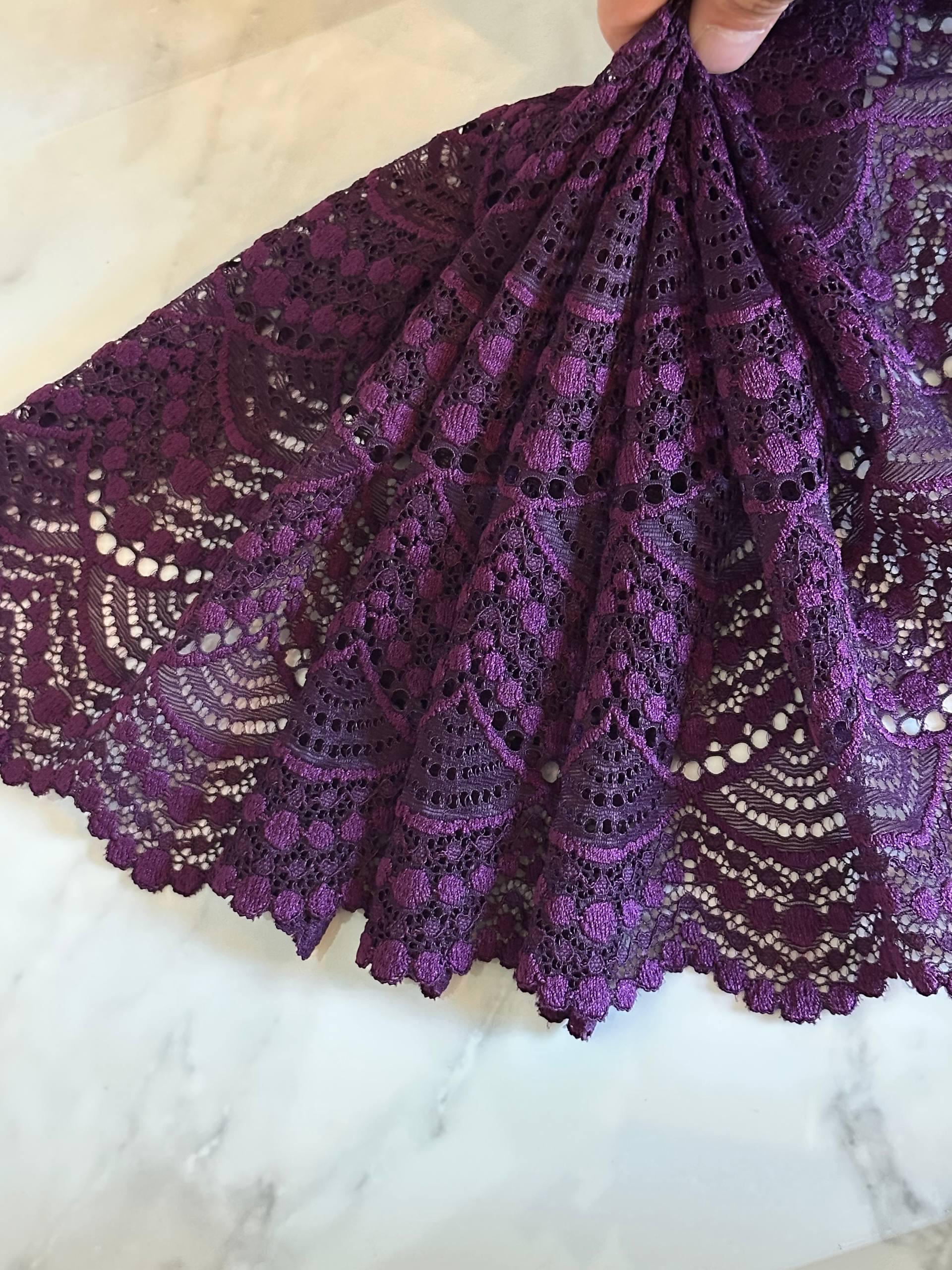 9" Plum Purple Stretch Lace Trim Wide Chevron Wave Elastic Lace for Lingerie Underwear Garment Sewing Crafts Bridal Veils by the Yard