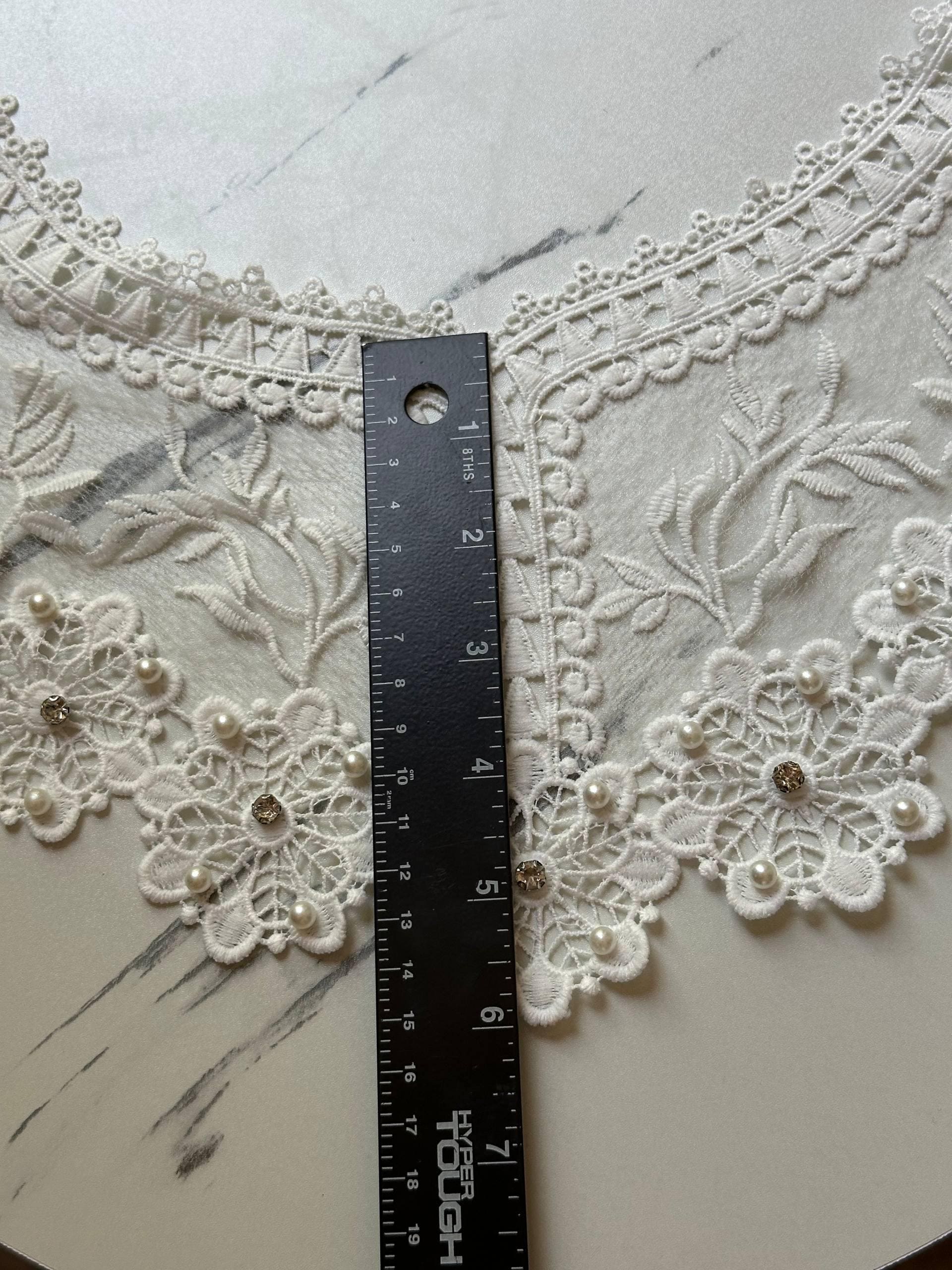 Off White Beaded Rhinestone Guipure Lace Collar  Pearl Accent Neckline Applique Statement Bodice Motif for Gowns Blouses, 6"