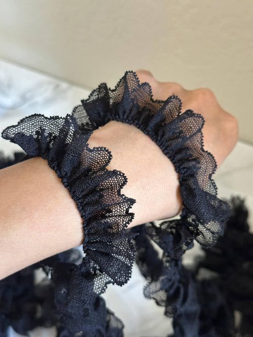 0.9" Black Ruffled Lace Trim Pleated Elastic Ruffle Lace Trim for Doll Clothes Scrunchies Lolita Sewing Crafts by the Yard