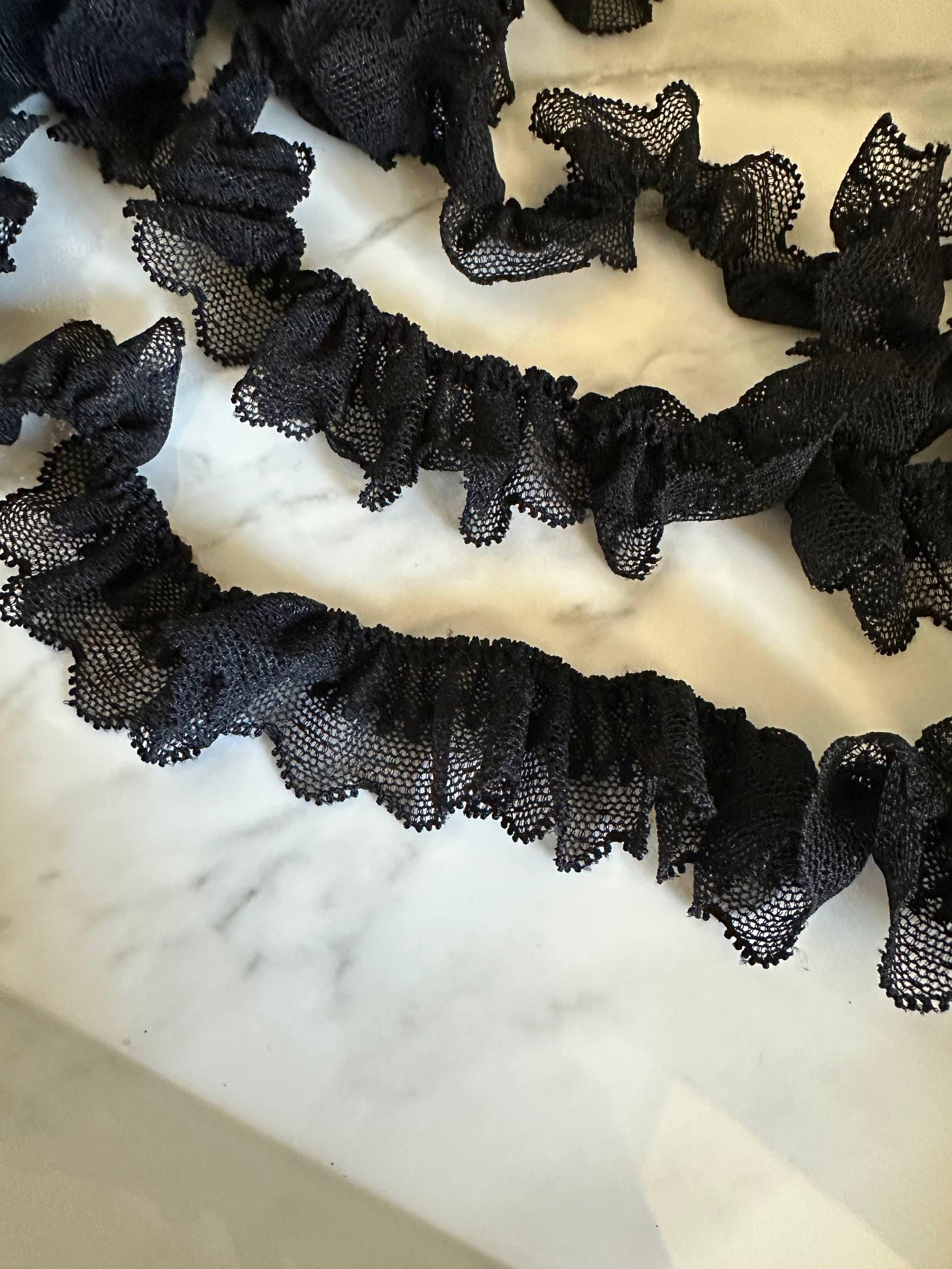 0.9" Black Ruffled Lace Trim Pleated Elastic Ruffle Lace Trim for Doll Clothes Scrunchies Lolita Sewing Crafts by the Yard