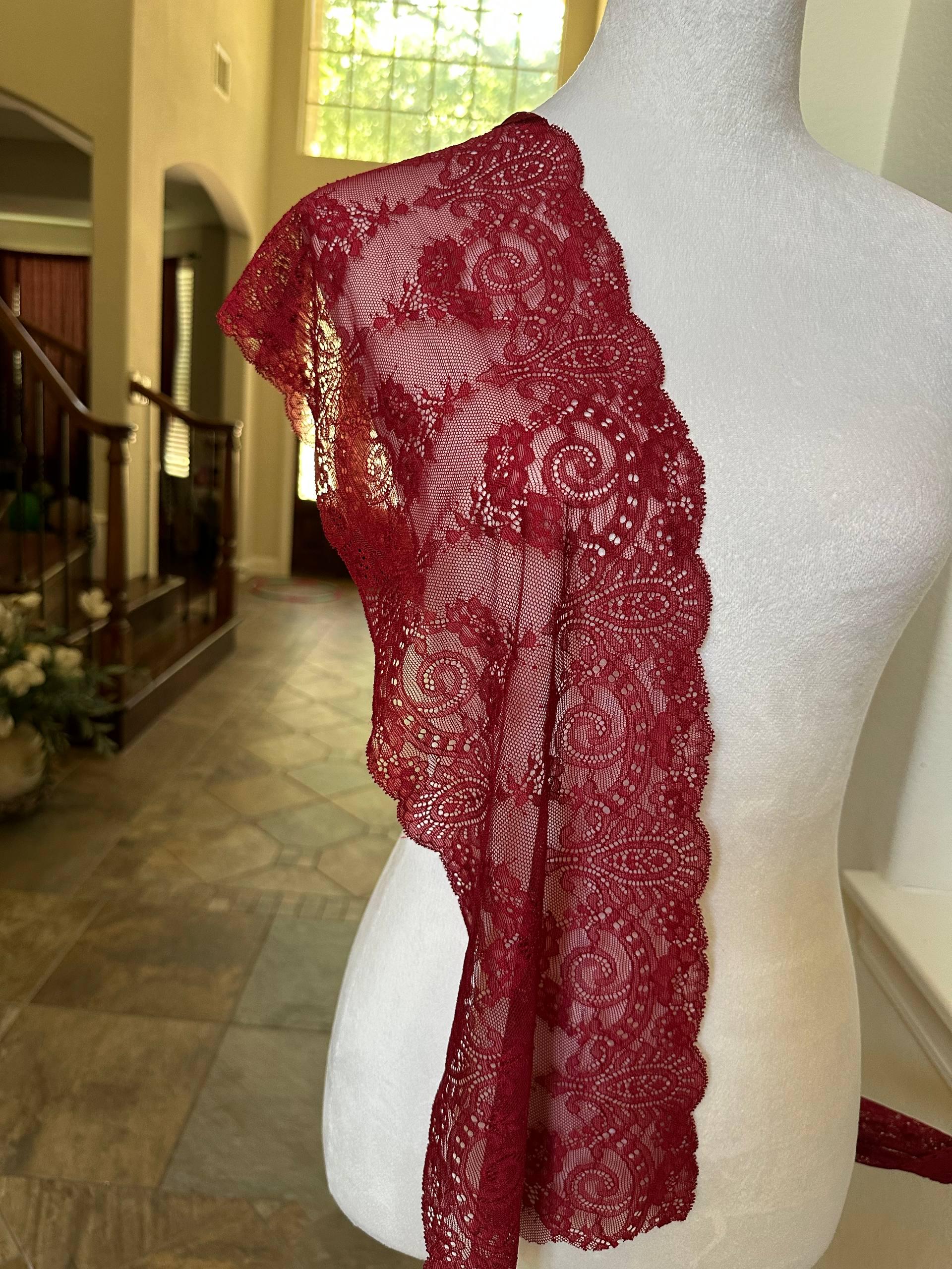 7.5" Burgundy Stretch Lace Trim Wide Wine Red Floral Elastic Galloon Scalloped Edge Lace for Lingerie Underwear Garment Sewing Crafts