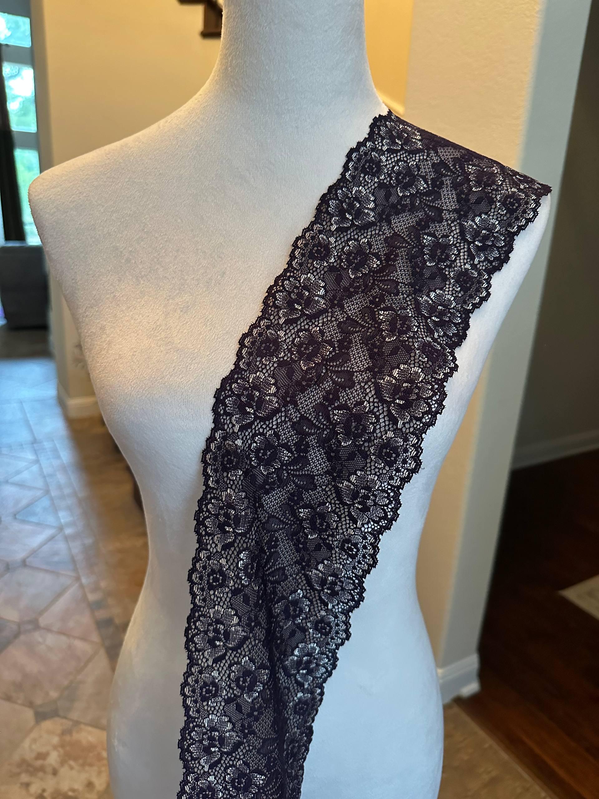 Dark Indigo Navy Violet Floral Stretch Elastic Lace Trim Symmetrical Double Scalloped Wide Galloon Ribbon fs Crafts Sewing, 4.85"