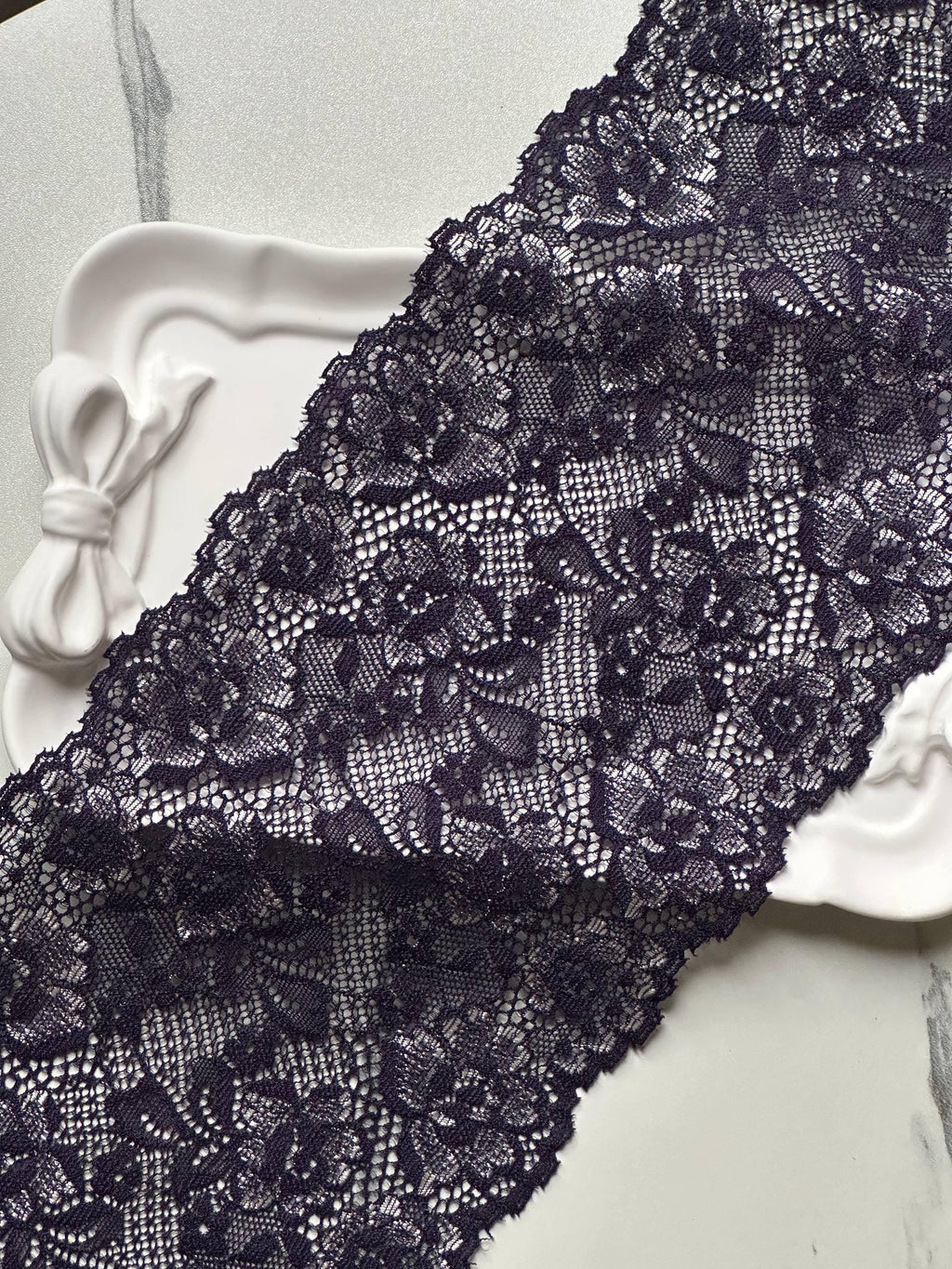 Dark Indigo Navy Violet Floral Stretch Elastic Lace Trim Symmetrical Double Scalloped Wide Galloon Ribbon fs Crafts Sewing, 4.85"