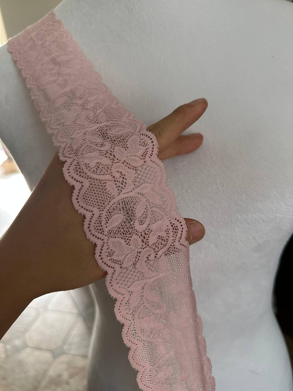Light Baby Pink & Powder Pink Floral Stretch Elastic Lace Trim Symmetrical Double Scalloped Galloon Ribbon for Lingerie Crafts Sewing, 2"
