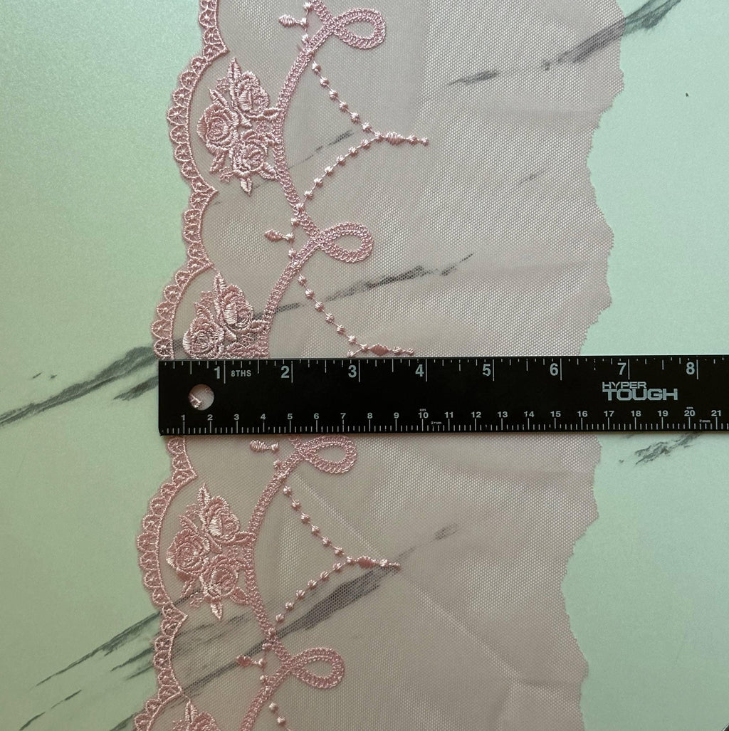 Light Baby Pink Rose Embroidered Mesh Tulle Lace Trim Symmetrical Double Scalloped Wide Galloon Ribbon for Gowns Lingerie Crafts Sewing, 6"