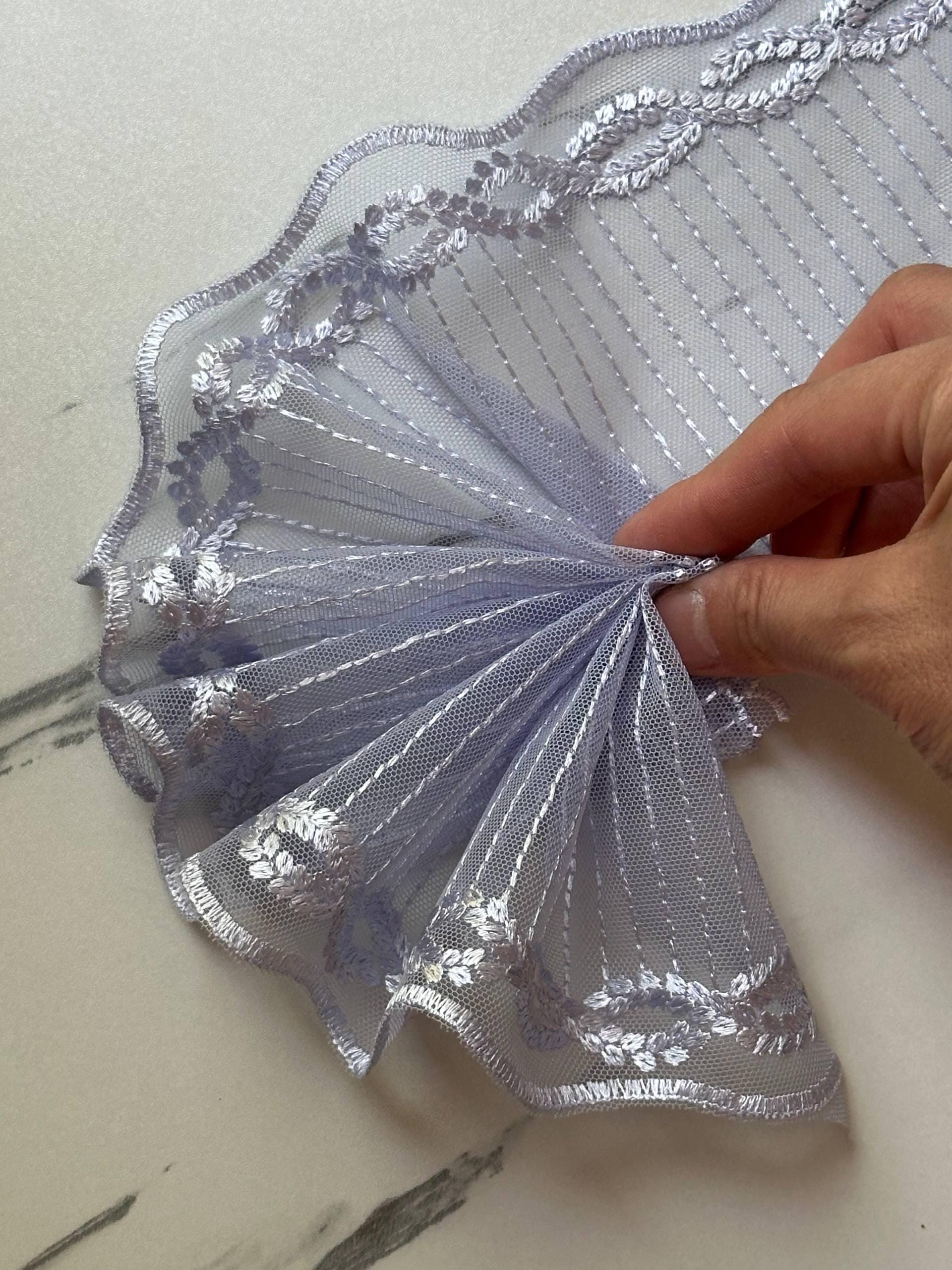 Lavender Periwinkle Embroidered Mesh Tulle Lace Trim Structured Semi Rigid Single Scalloped Ribbon for Gowns Skirts Crafts, 4"