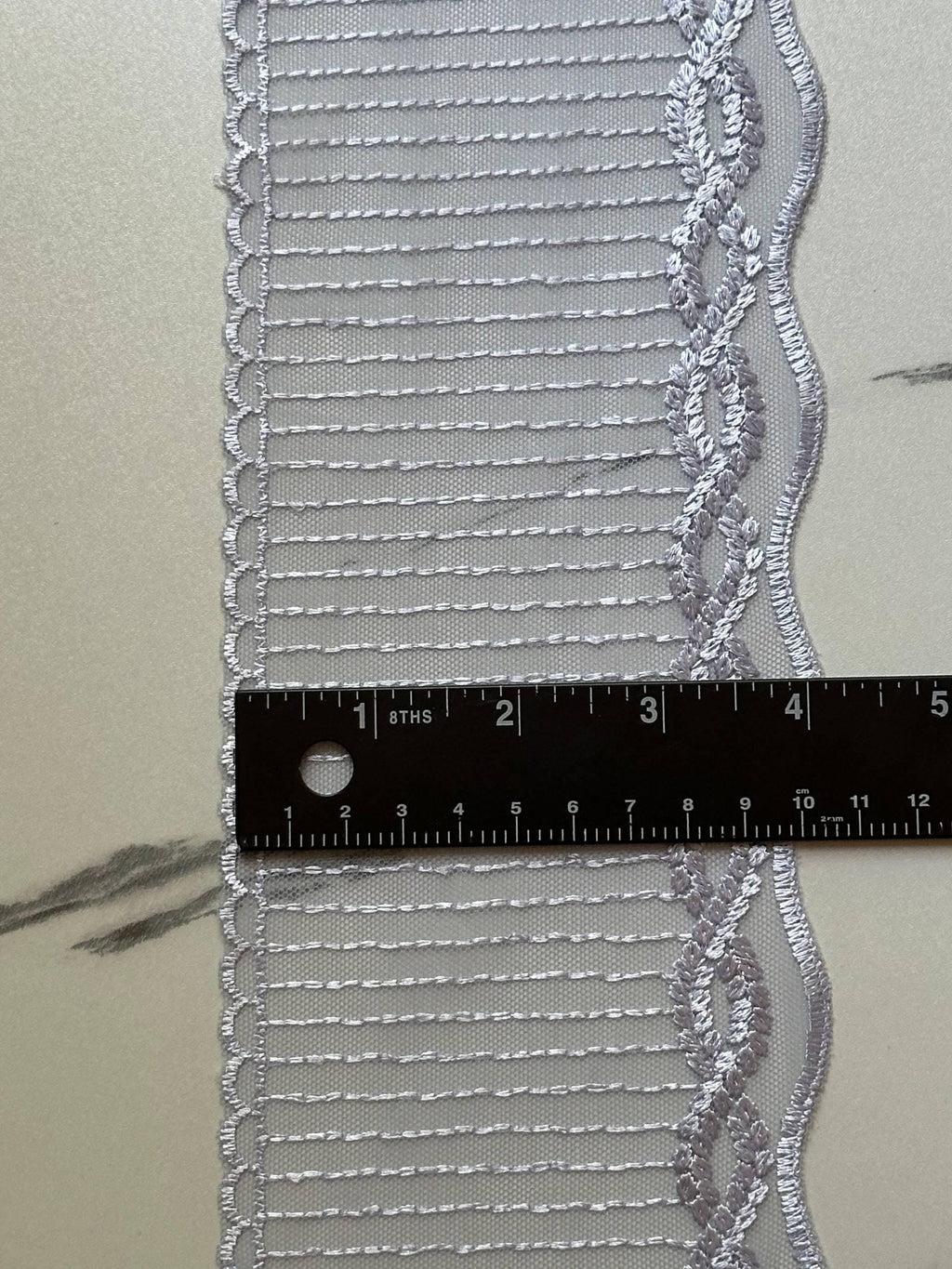 Lavender Periwinkle Embroidered Mesh Tulle Lace Trim Structured Semi Rigid Single Scalloped Ribbon for Gowns Skirts Crafts, 4"